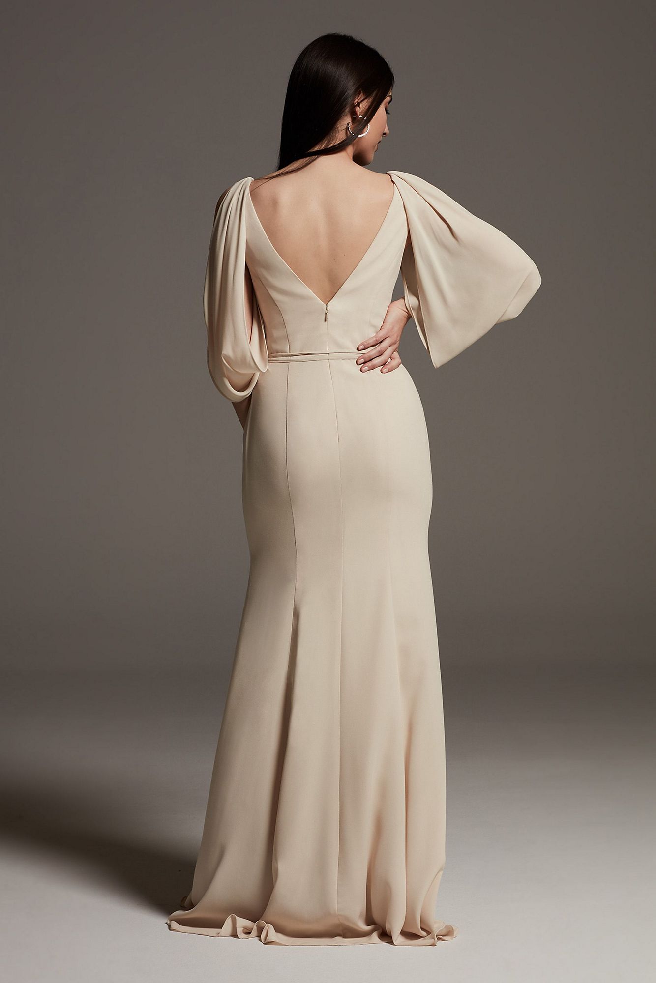 Split Sleeve Crepe Bridesmaid Dress with Slit VW360541