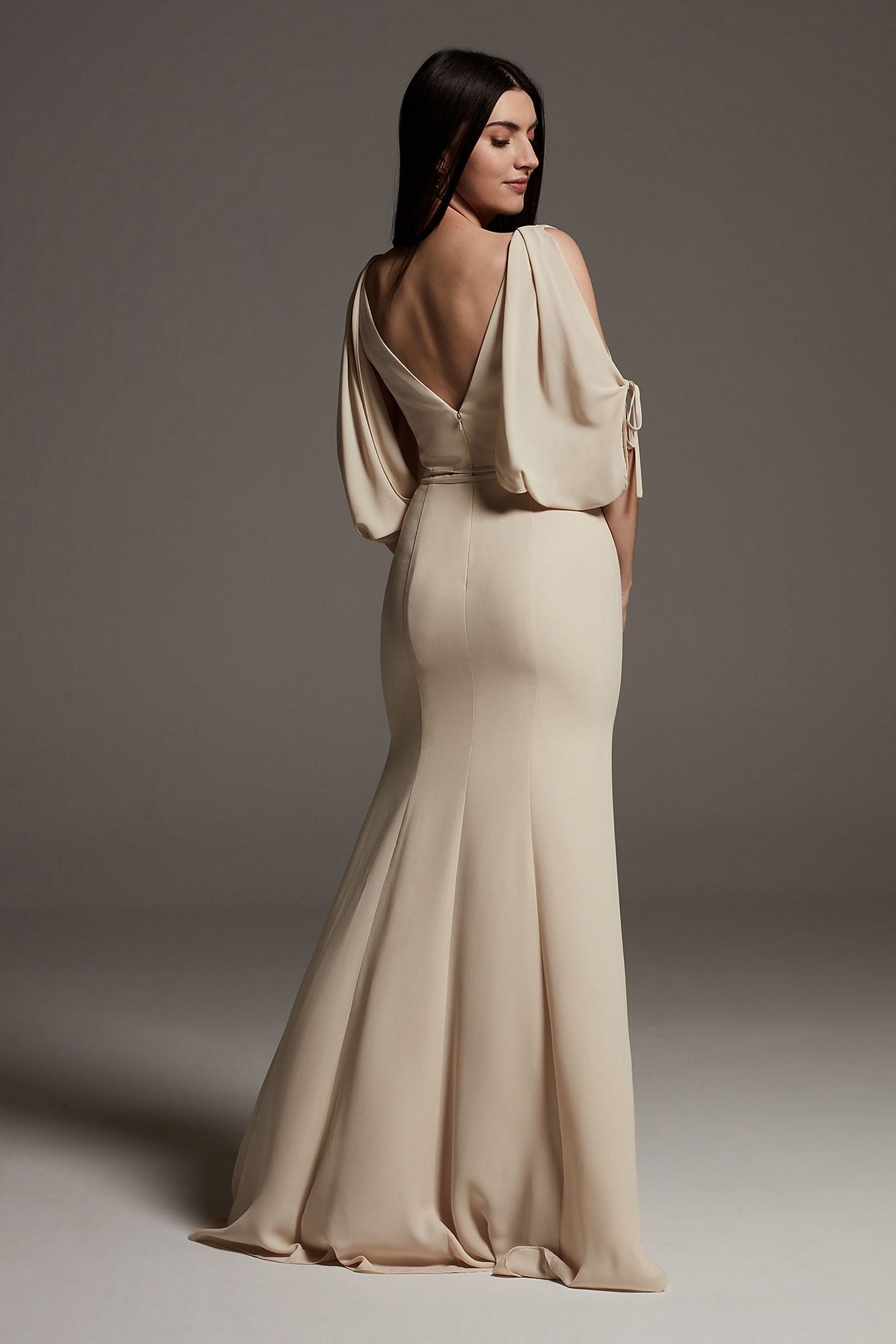 Split Sleeve Crepe Bridesmaid Dress with Slit VW360541