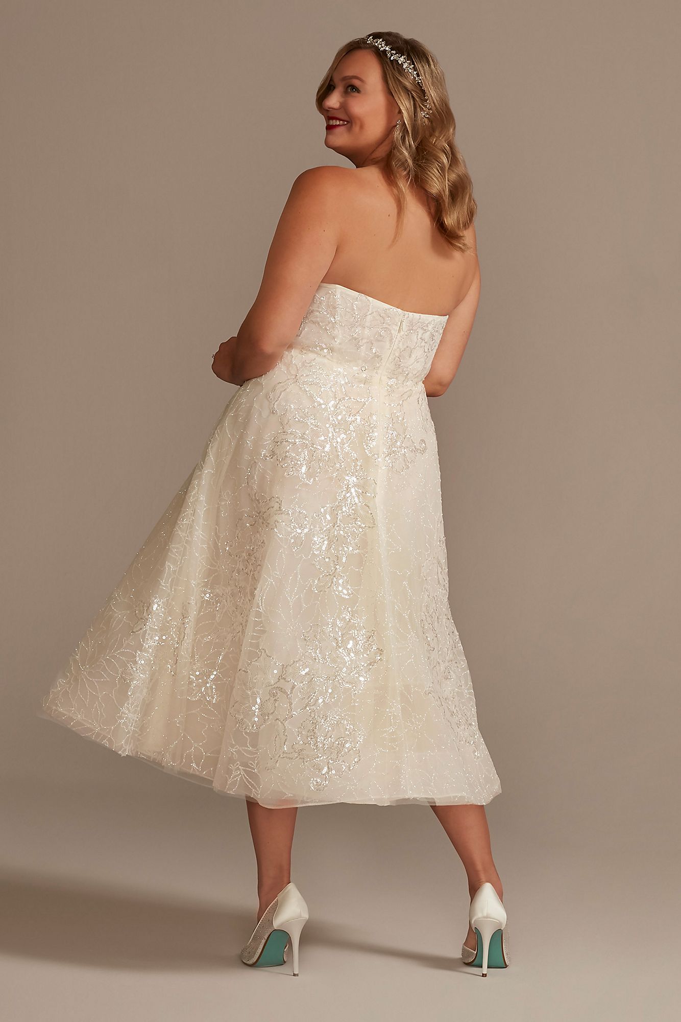 Lace Applique Tea-Length Tall Plus Wedding Dress Oleg Cassini 4XL8CWG903
