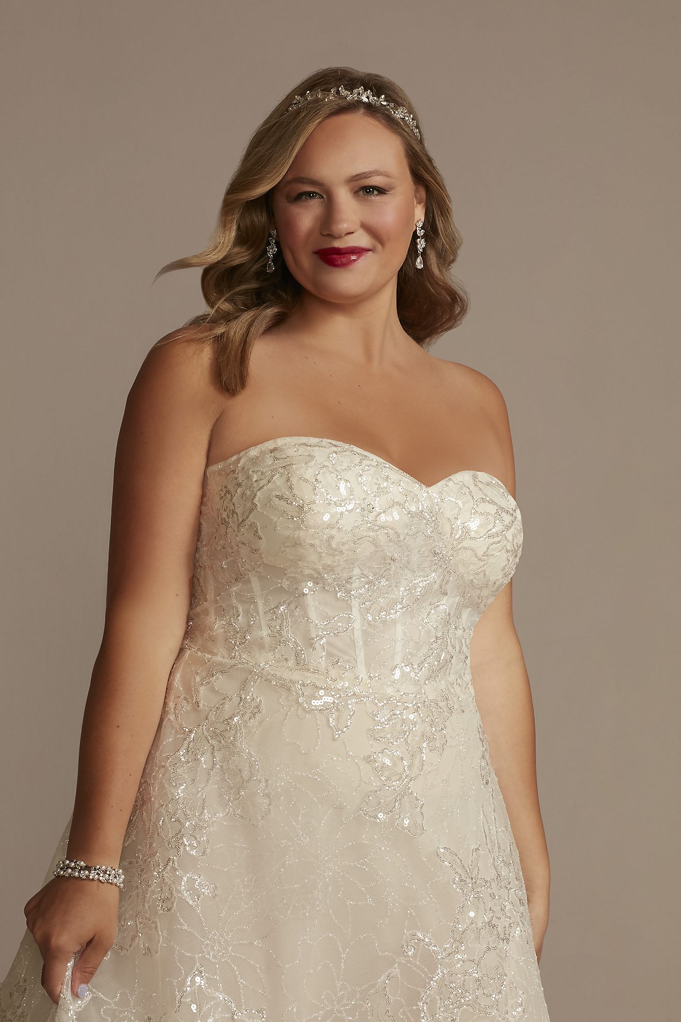 Lace Applique Tea-Length Plus Size Wedding Dress Oleg Cassini 8CWG903