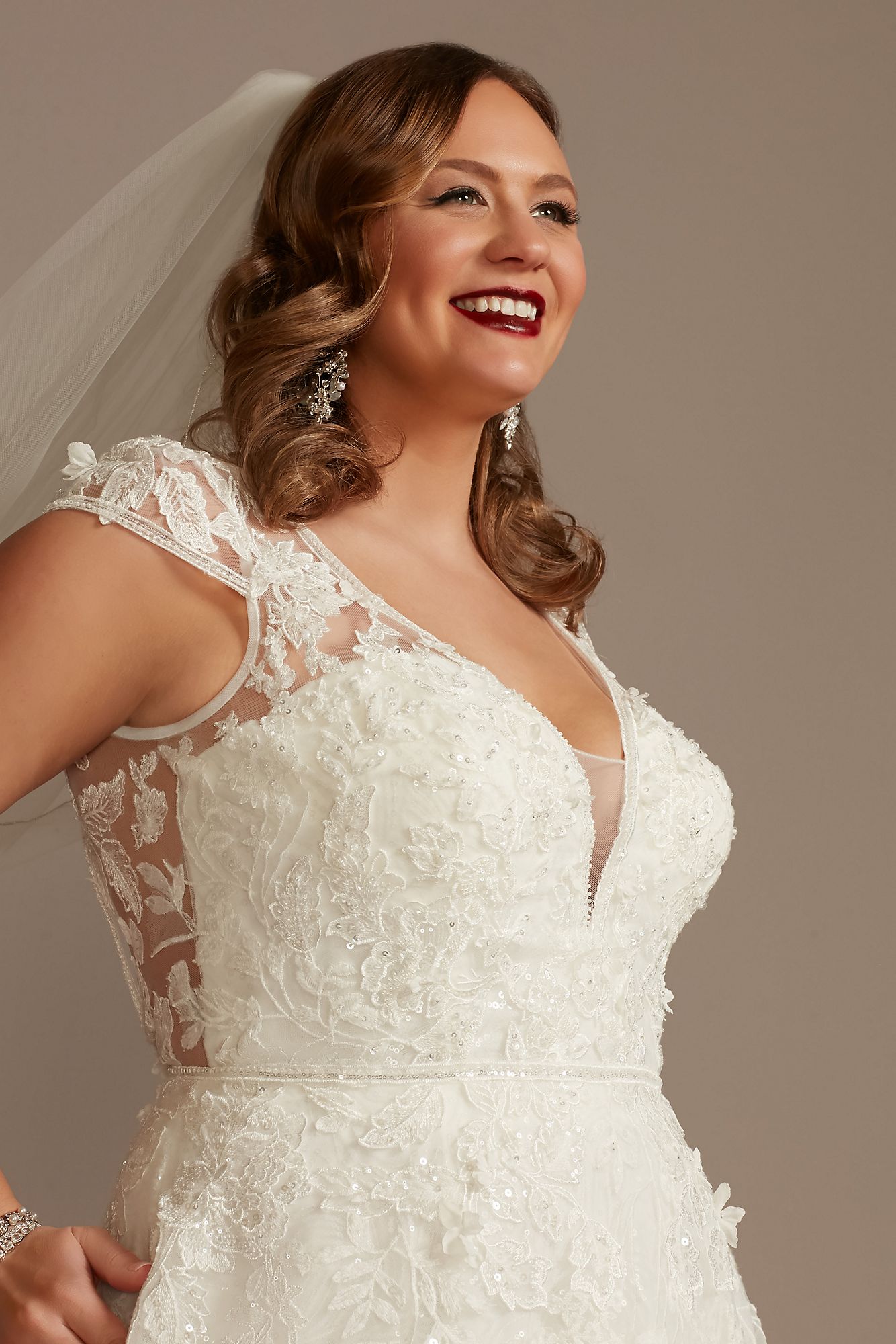 Cap Sleeve 3D Floral Lace Plus Size Wedding Dress Oleg Cassini 8CWG907