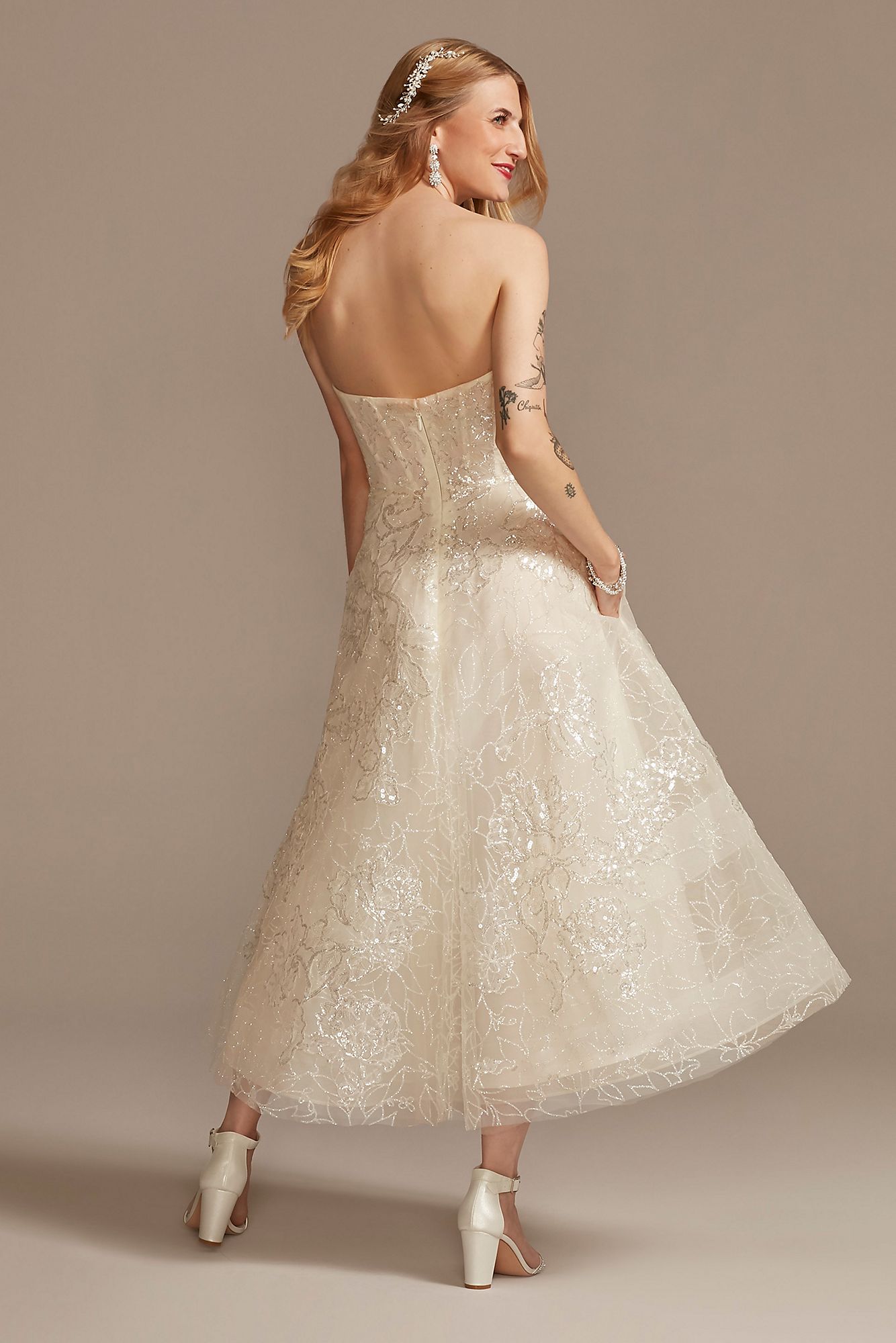 Floral Glitter Tulle Tea-Length Wedding Dress Oleg Cassini CWG903