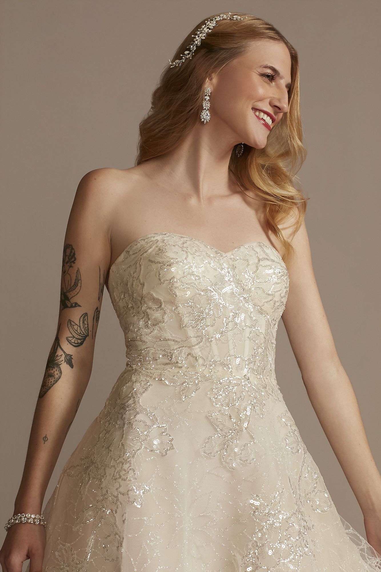 Floral Glitter Tulle Tea-Length Wedding Dress Oleg Cassini CWG903