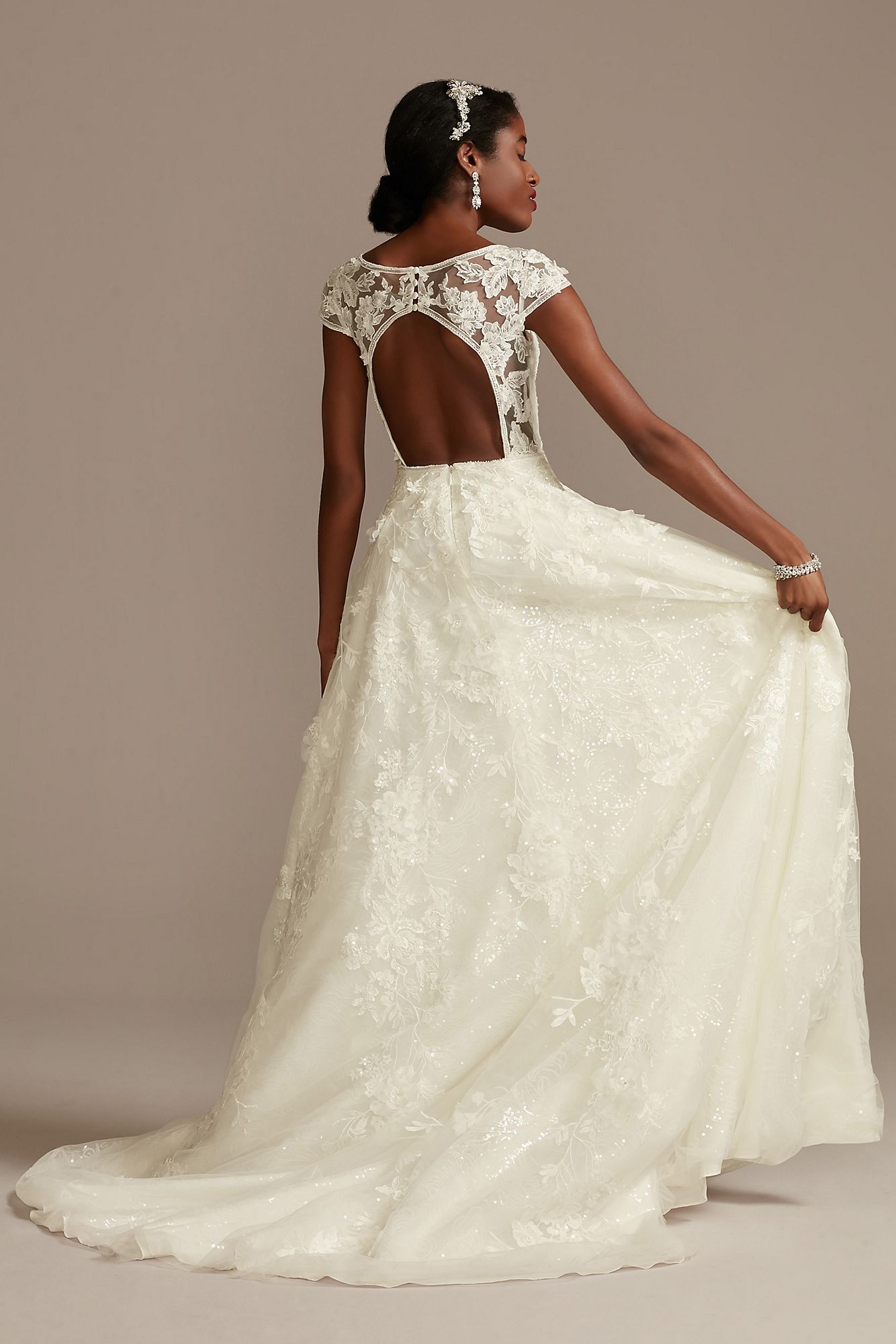 Cap Sleeve 3D Floral Lace Open Back Wedding Dress Oleg Cassini CWG907