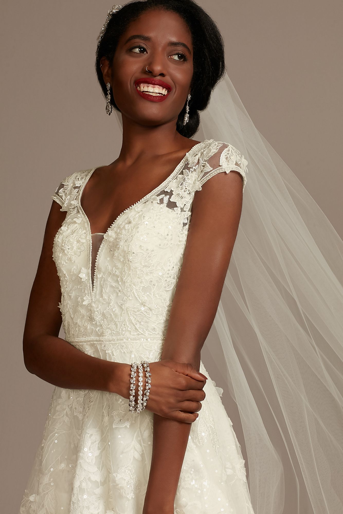 Cap Sleeve 3D Floral Lace Open Back Wedding Dress Oleg Cassini CWG907