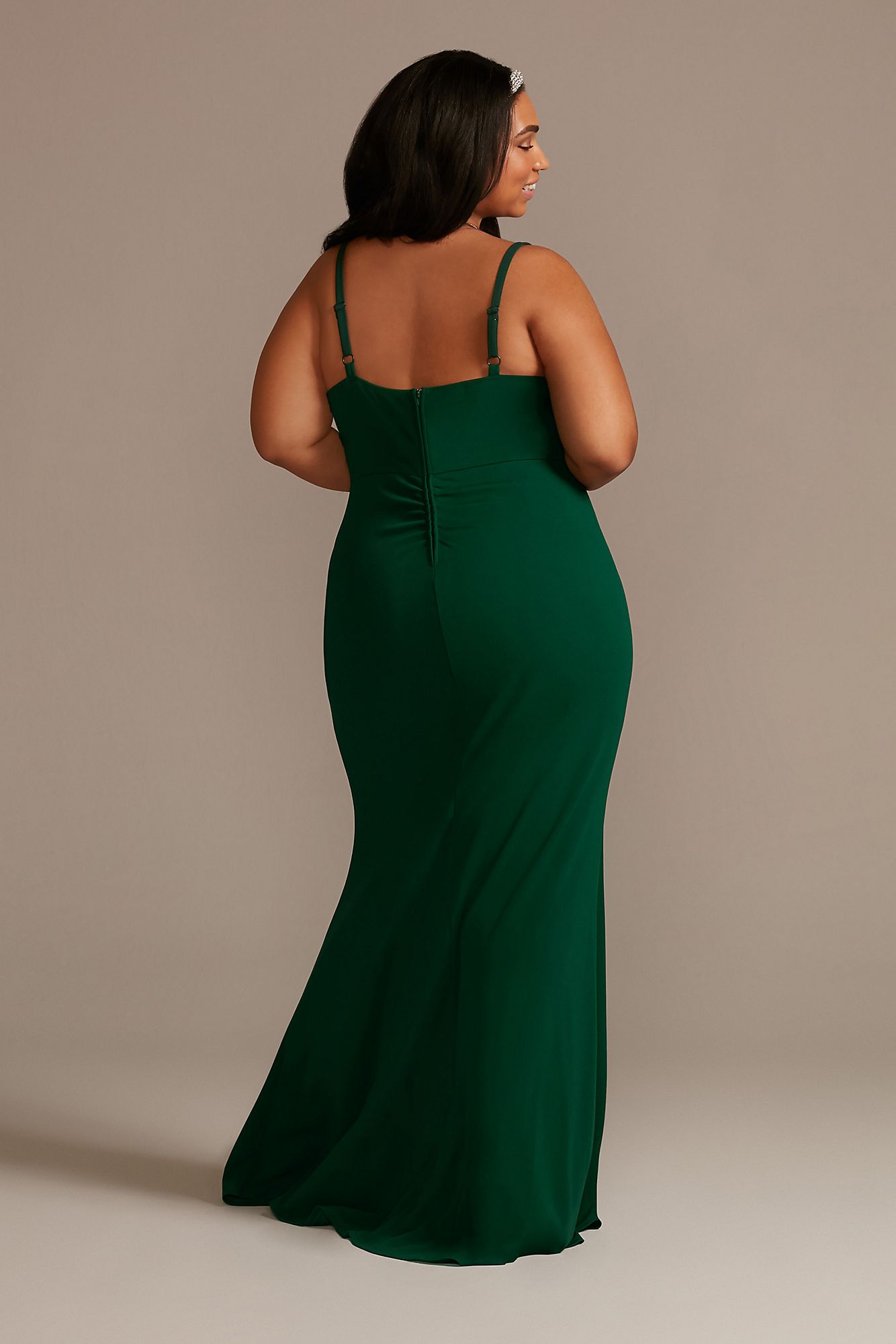Plus Size Crepe Spaghetti Strap Gown with Ruching Emerald Sundae ABFP3405600
