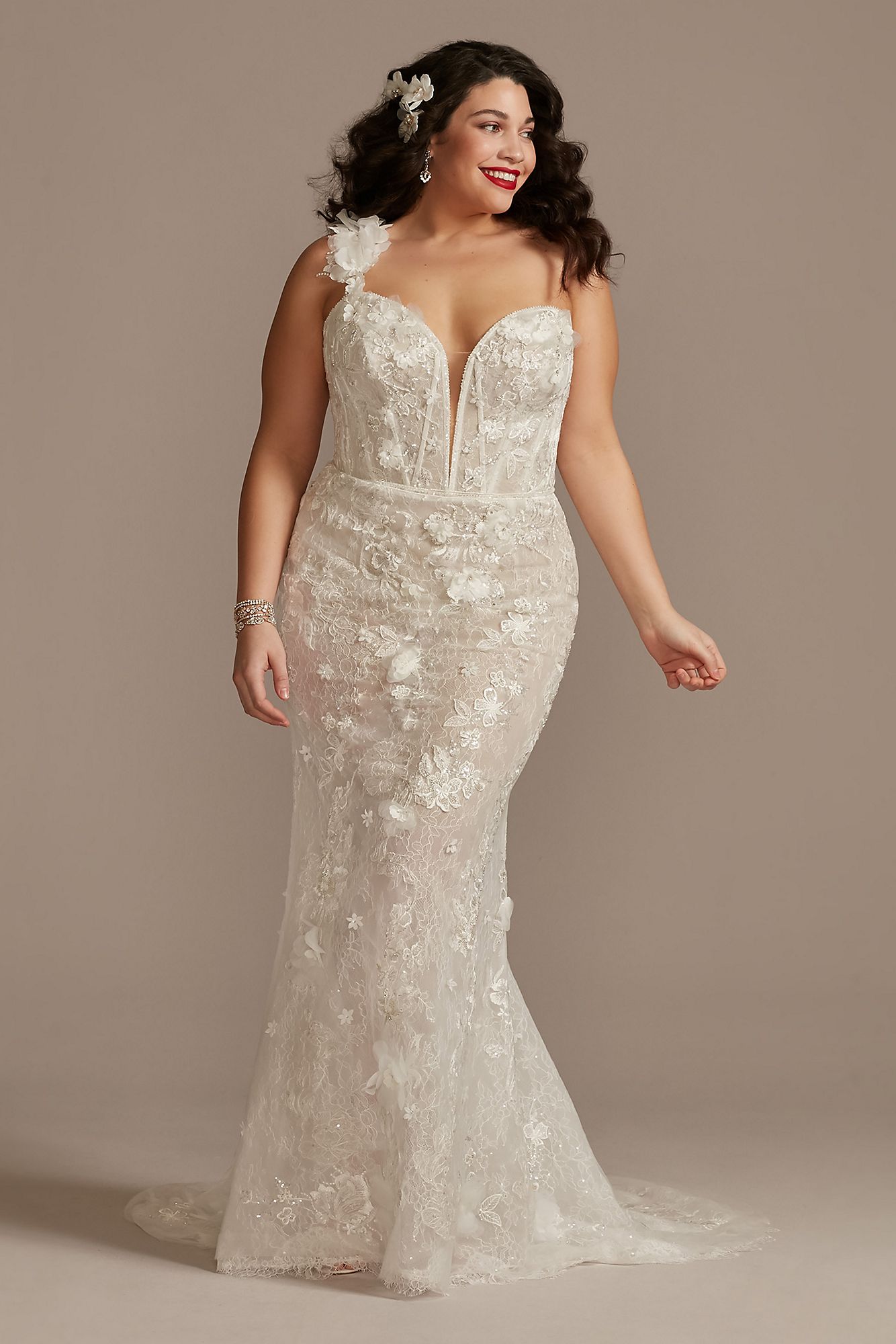 3D Floral Plunge Tall Plus Bodysuit Wedding Dress Galina Signature 4XL9MBSWG885