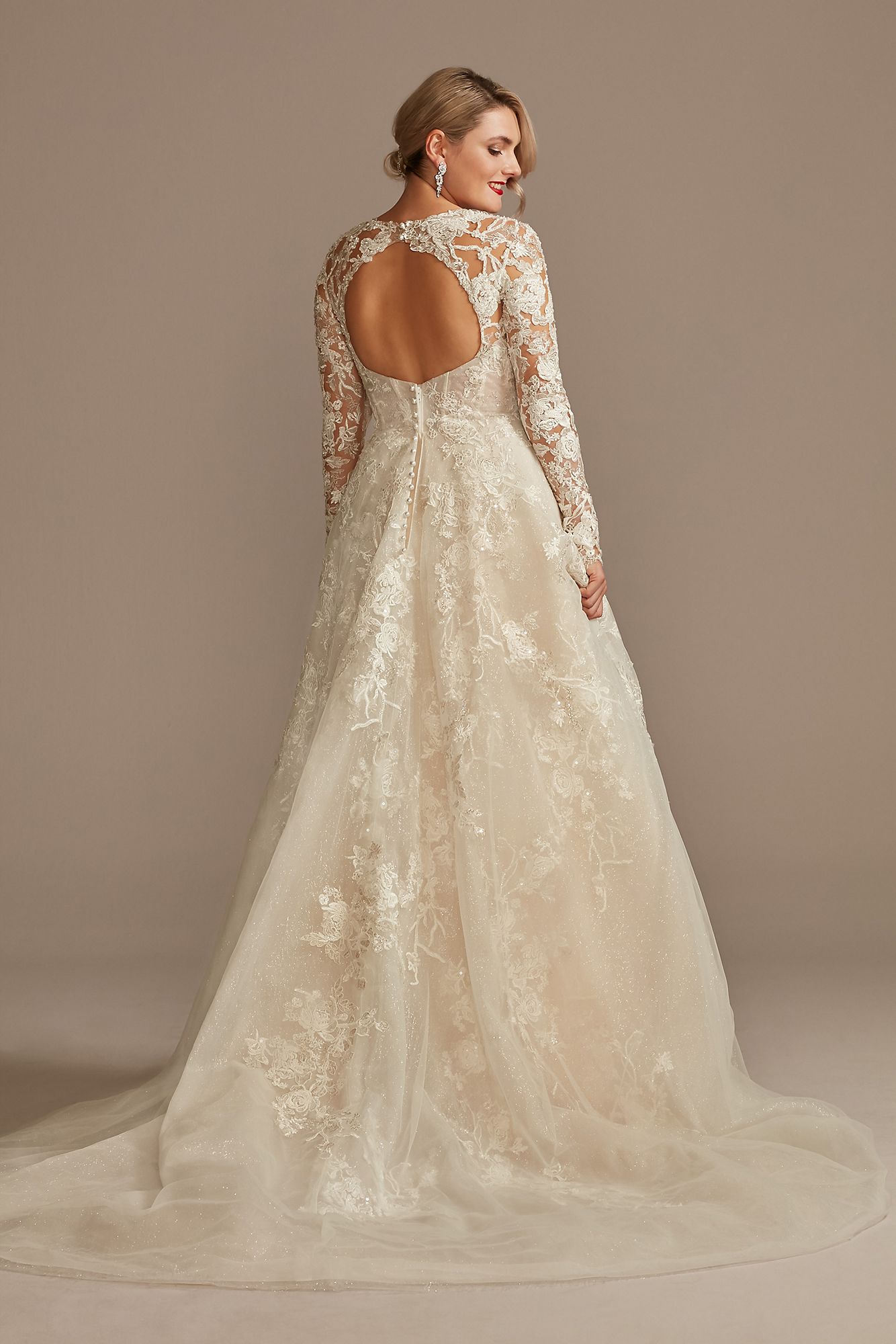 Lace Illusion Long Sleeve Petite Wedding Dress Oleg Cassini 7SLCWG833