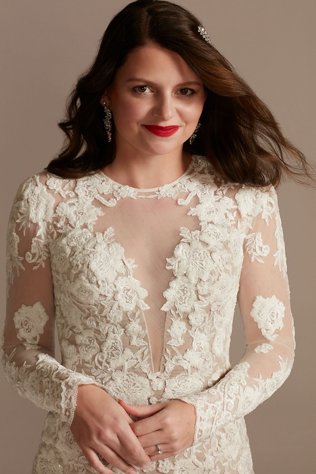 Long Sleeve Sequin Floral Petite Wedding Dress Galina Signature 7SLSWG843