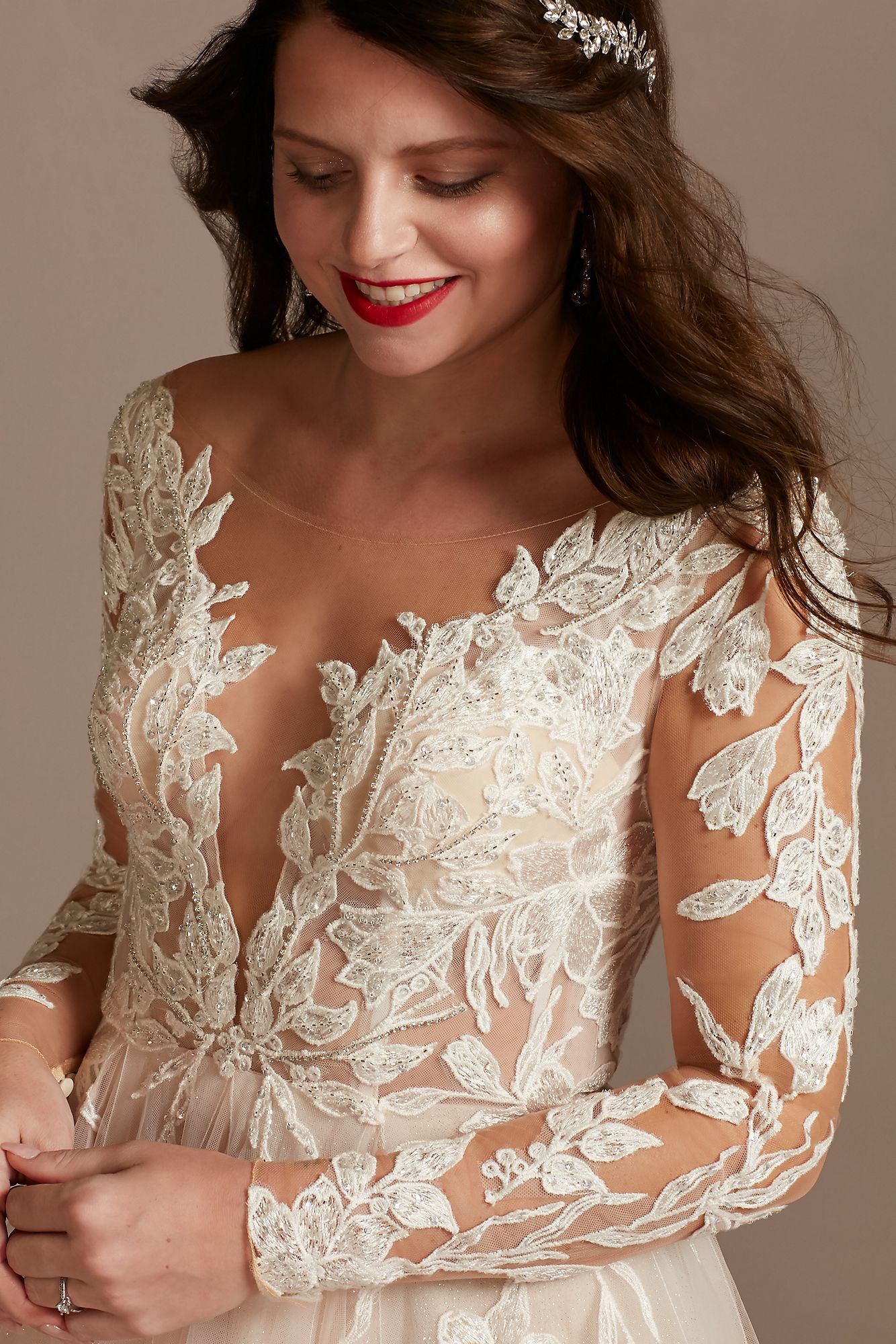 Long Sleeve Lace Appliqued Petite Wedding Dress Galina Signature 7SLSWG862