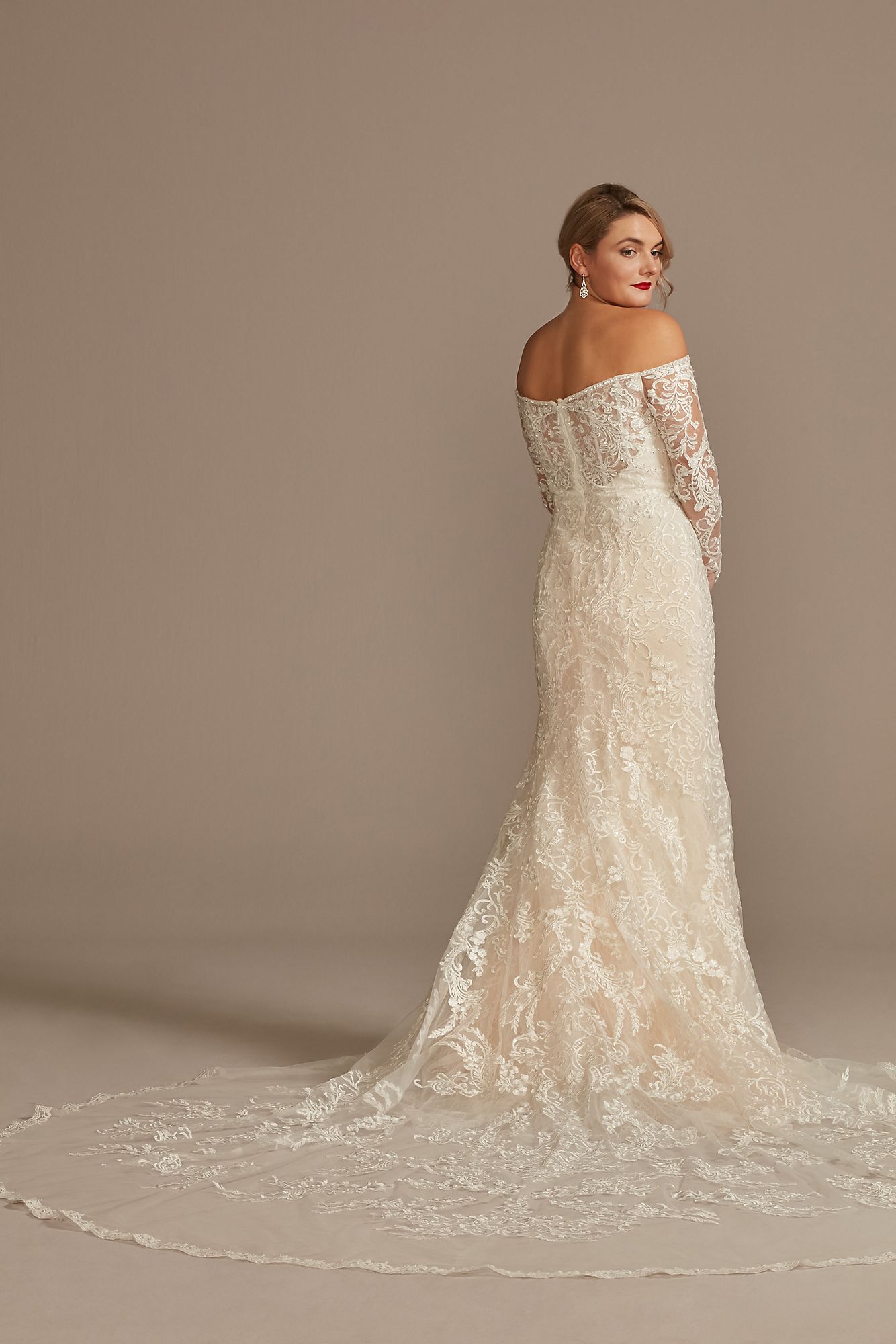 Beaded Lace Long Sleeve Petite Wedding Dress Oleg Cassini 7SLXTCWG808