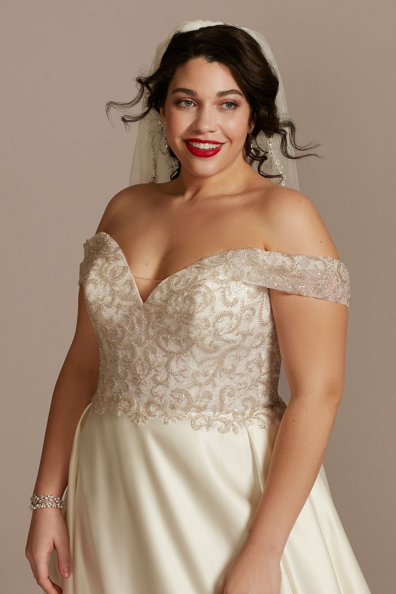 Off Shoulder Beaded Bodice Plus Size Wedding Dress Oleg Cassini 8LBCWG890