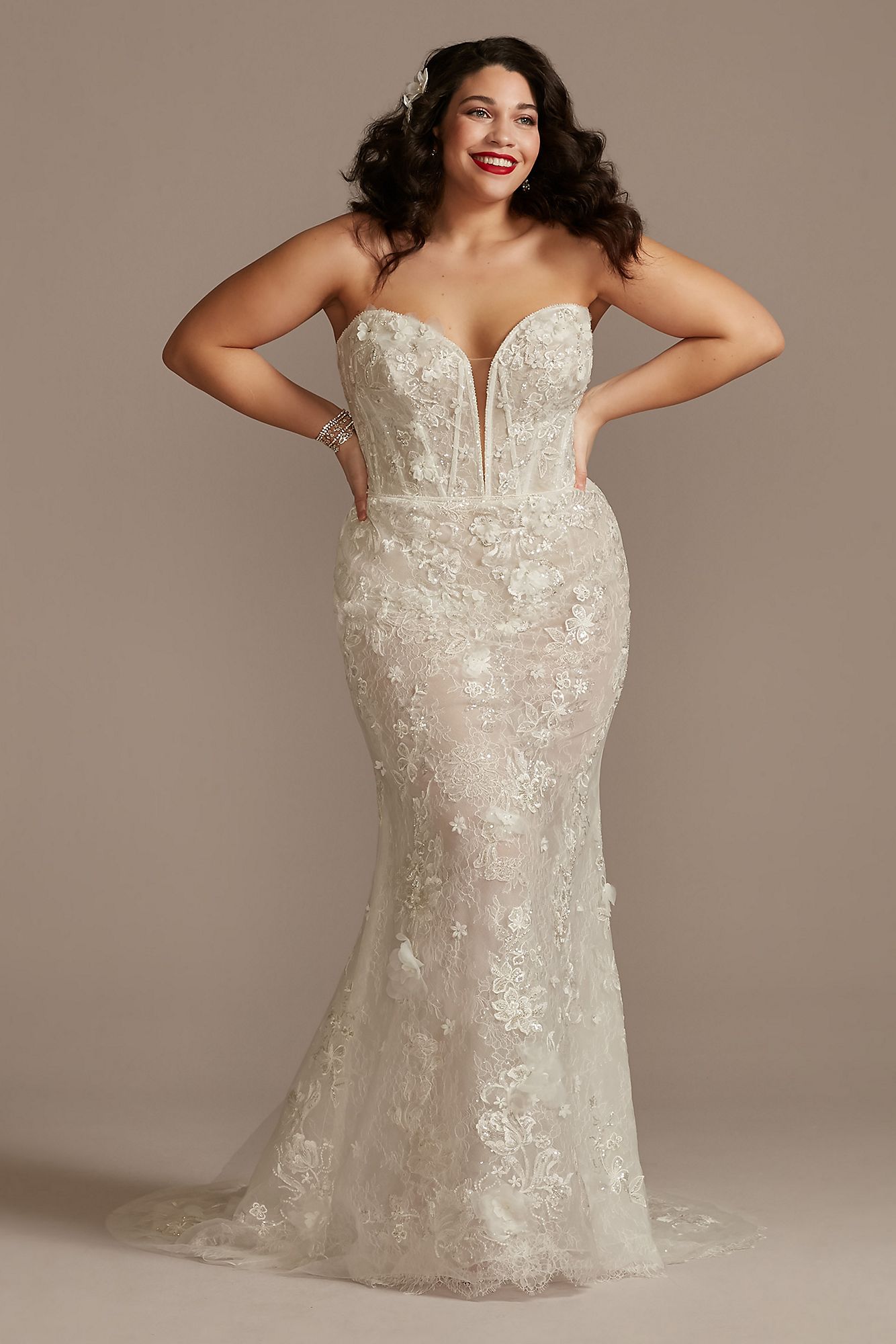 3D Floral Plunge Plus Size Bodysuit Wedding Dress Galina Signature 9MBSWG885