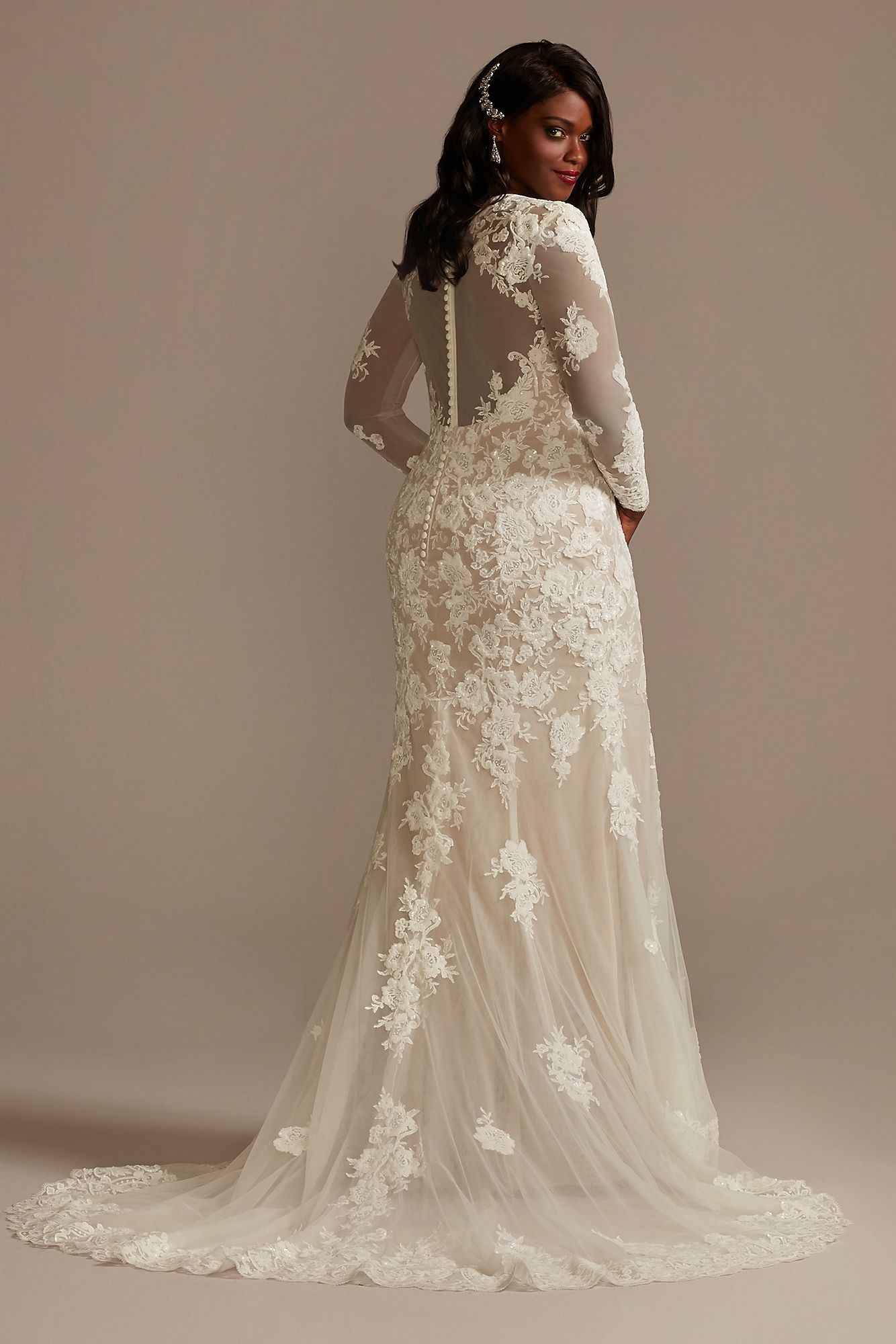 Long Sleeve Plus Size Sequin Floral Wedding Dress Galina Signature 9SLSWG843