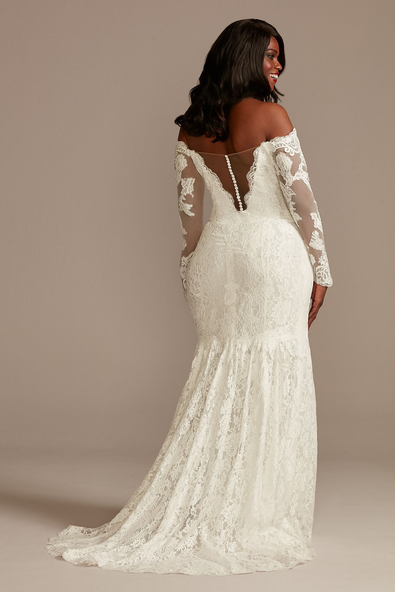Long Sleeve Plunging Plus Size Lace Wedding Dress Galina Signature 9SLSWG855