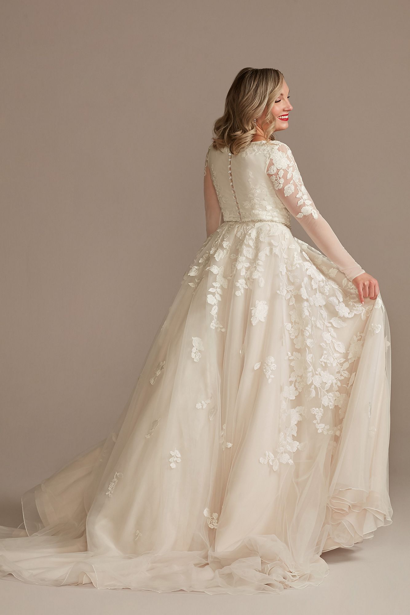 Illusion Long Sleeve Applique Plunge Wedding Dress Galina Signature LBSWG820