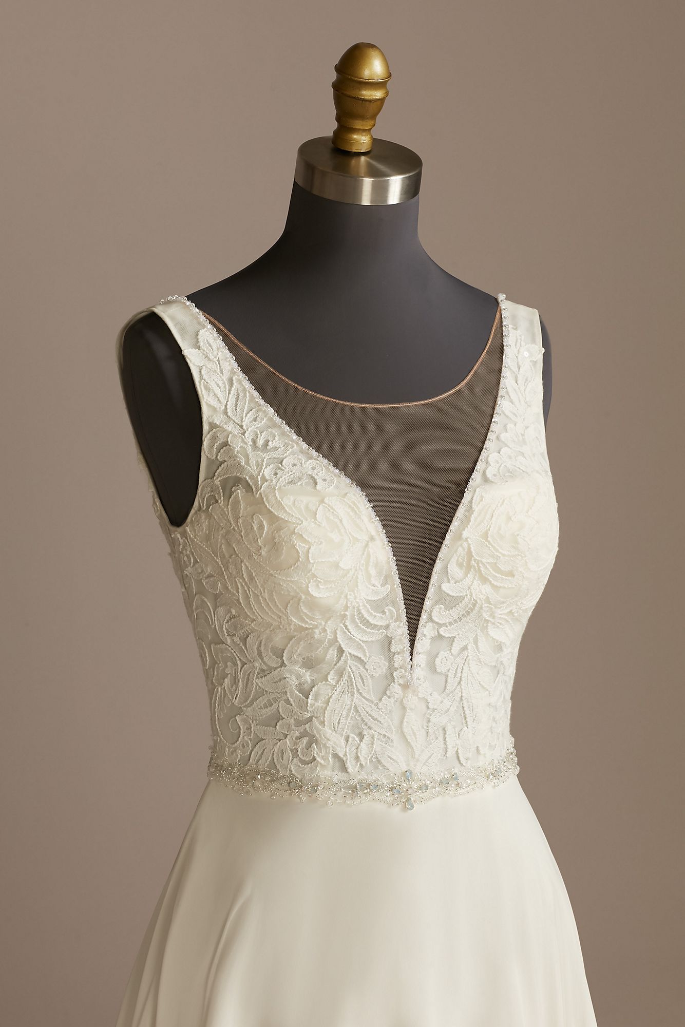 Lace Applique Plunge Chiffon Skirt Wedding Dress Galina Signature LBSWG842
