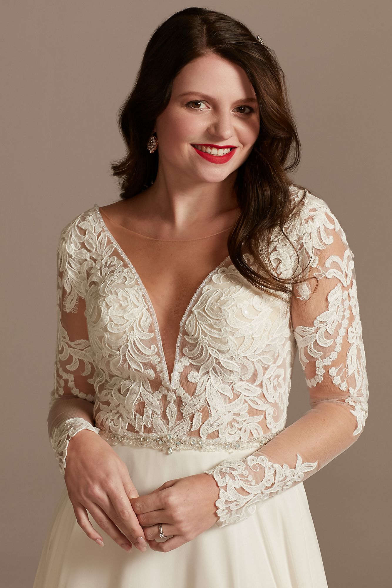 Lace Applique Long Sleeve Chiffon Wedding Dress Galina Signature SLSWG842