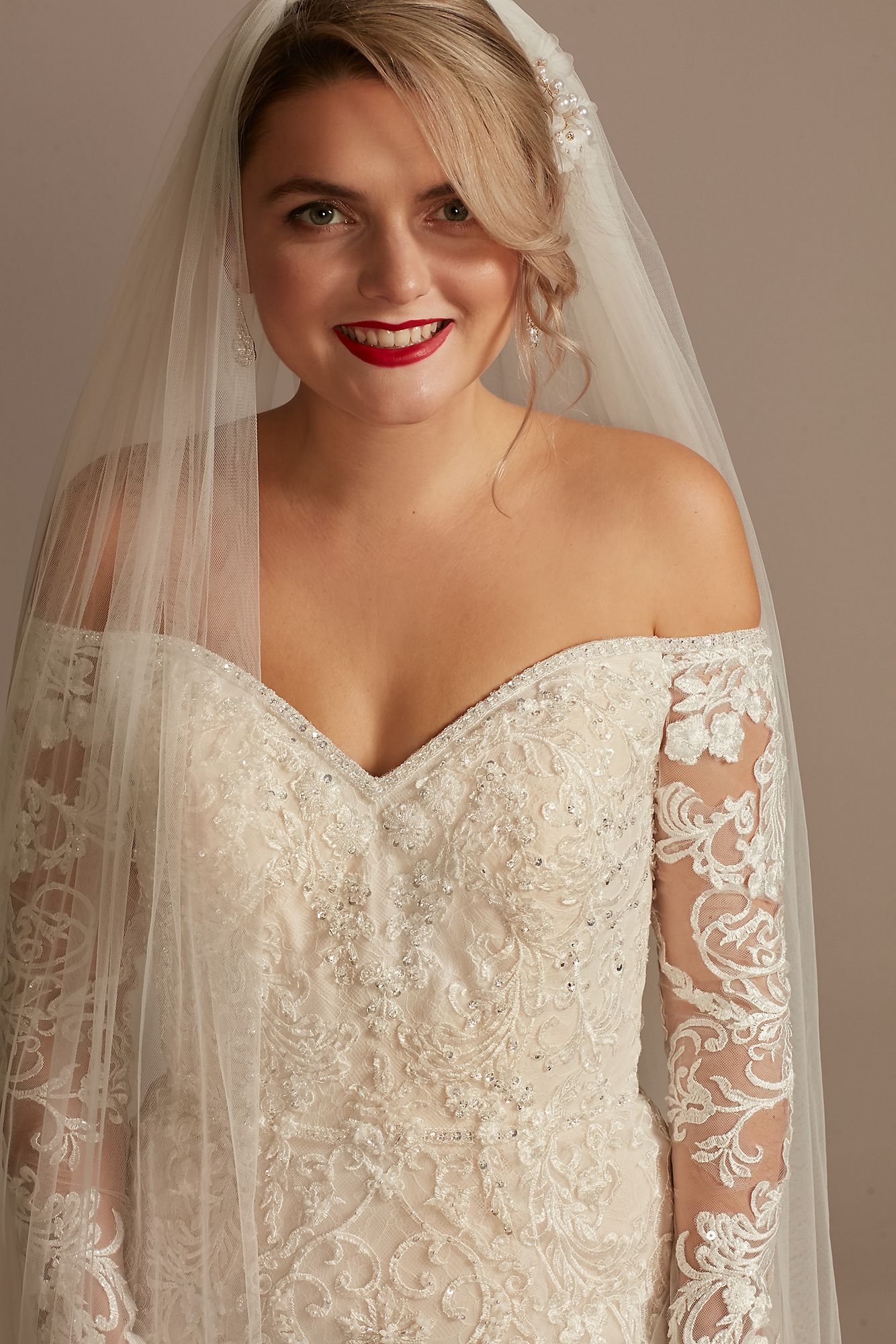 Beaded Lace Long Sleeve Off Shoulder Wedding Dress Oleg Cassini SLXTCWG808