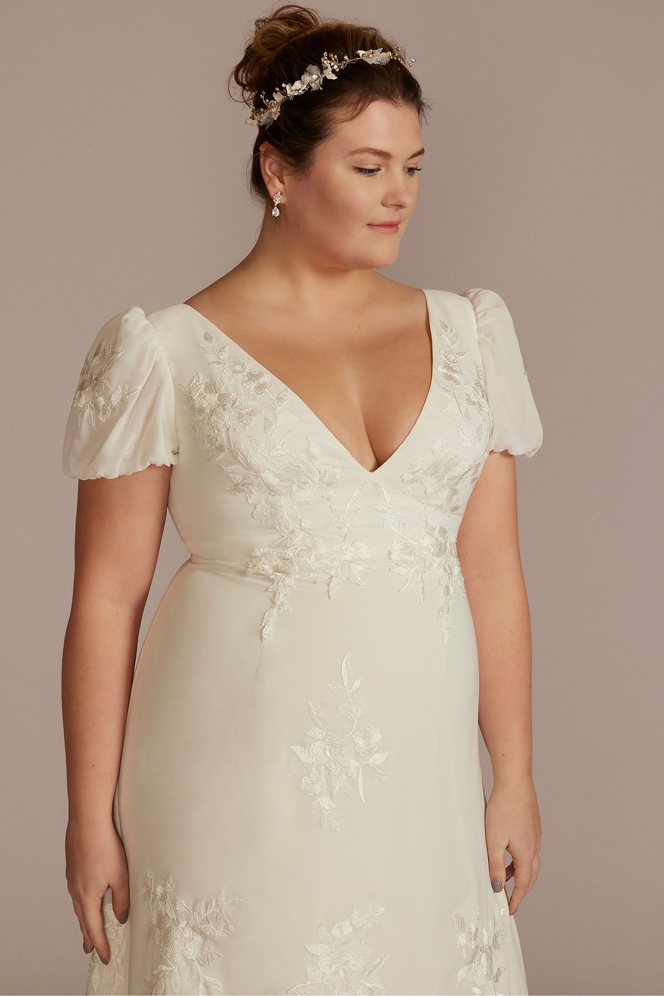 Floral Puff Sleeve V-Neck Tall Plus Wedding Gown DB Studio 4XL9WG4052