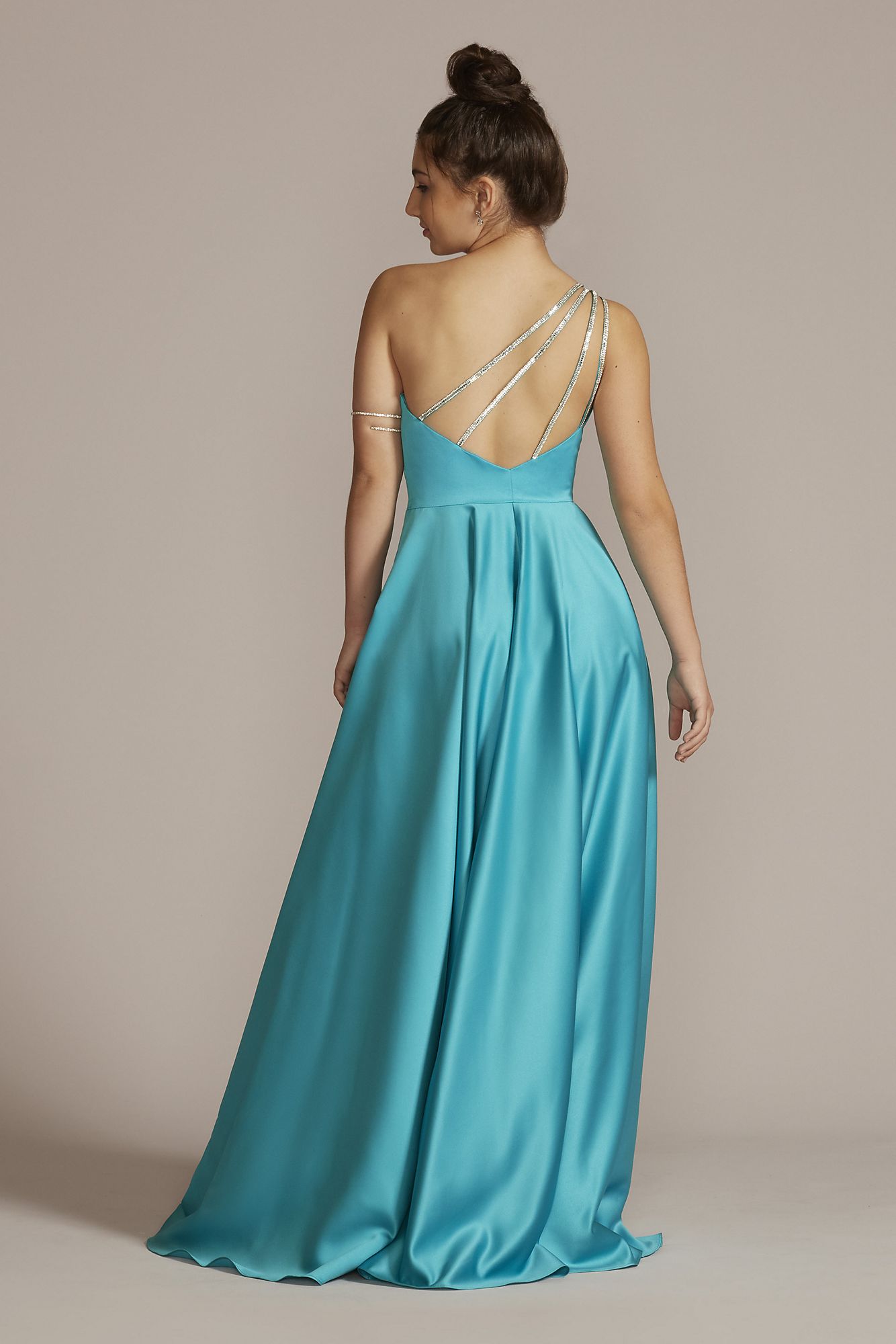 One-Shoulder Satin A-Line with Skirt Slit Jules and Cleo D24NY22016