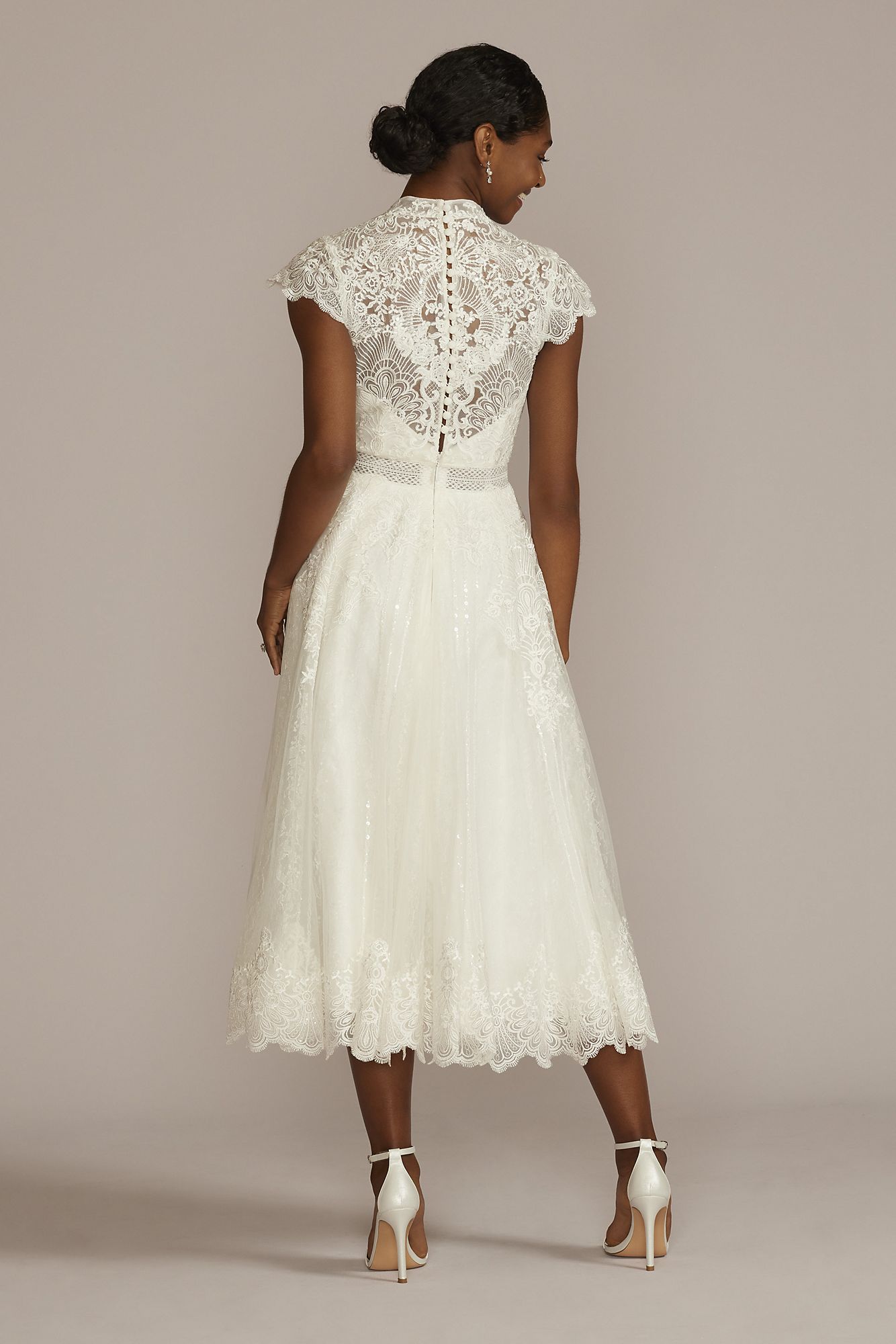 Embroidered Mock Neck Tea-Length Wedding Dress Melissa Sweet MIDMS251205