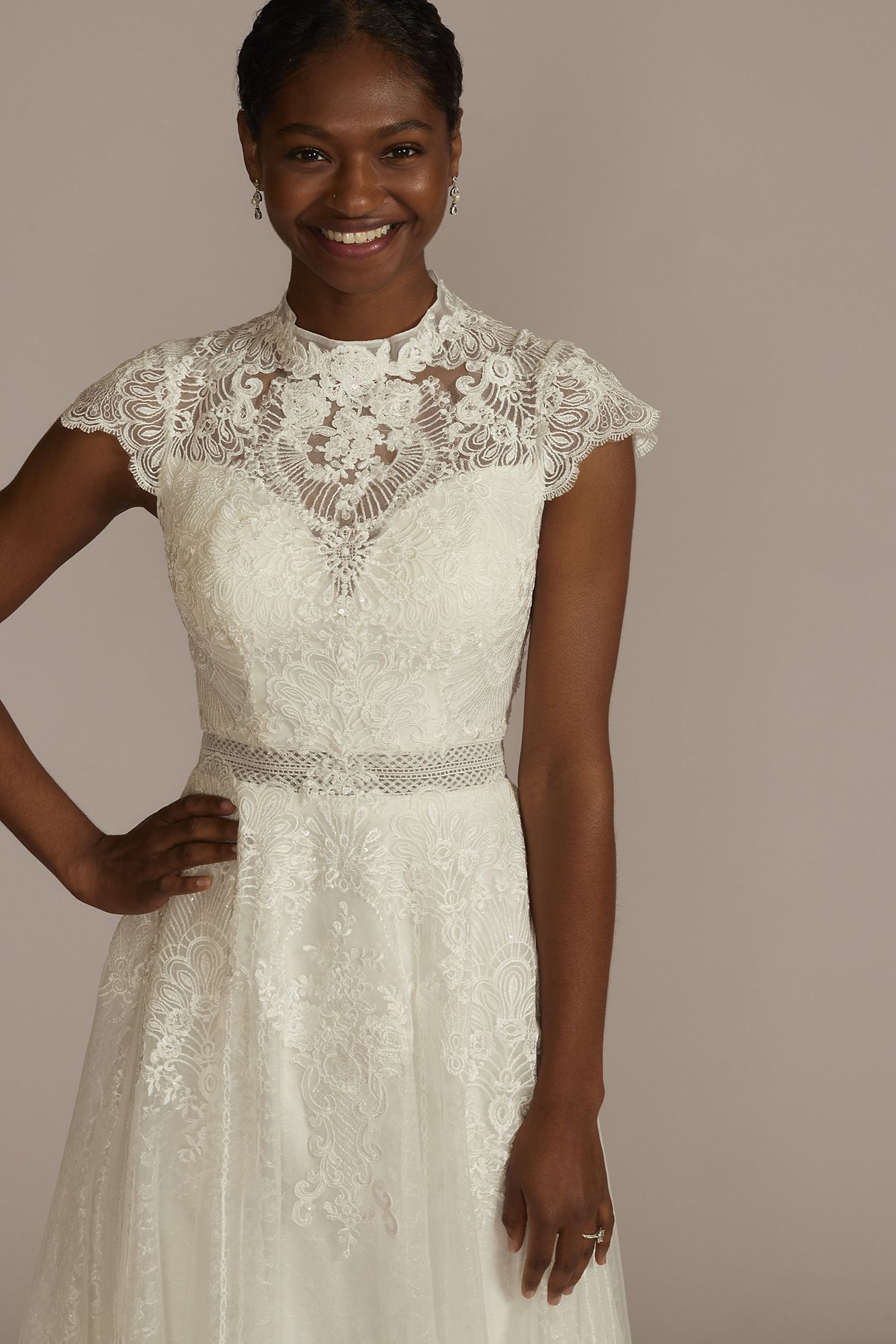 Embroidered Mock Neck Tea-Length Wedding Dress Melissa Sweet MIDMS251205