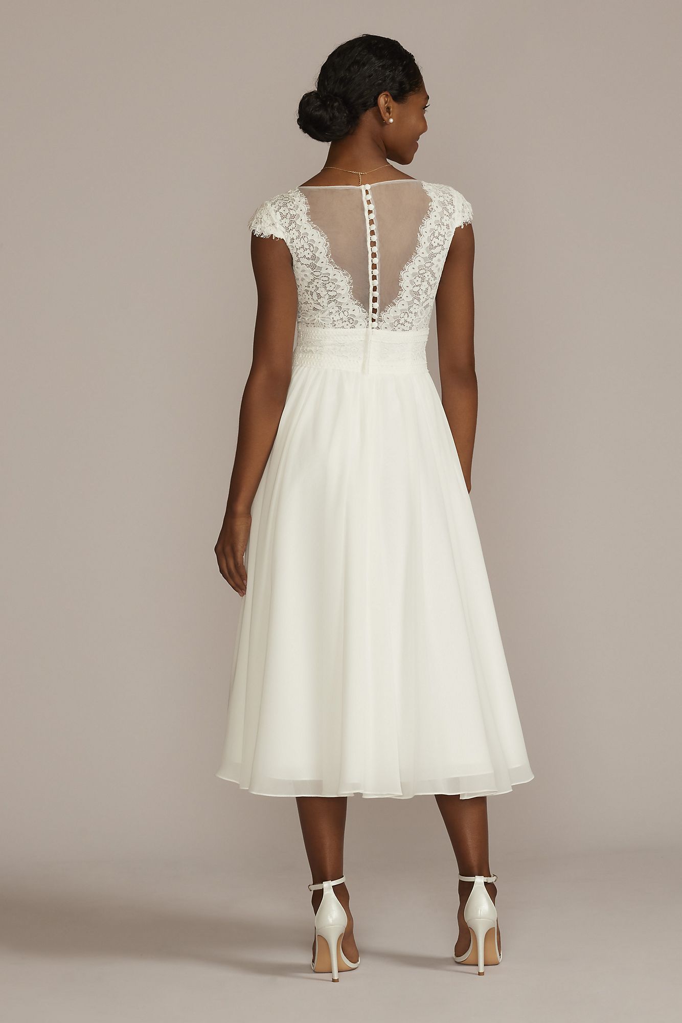 Lace Illusion Back Chiffon Tea Length Wedding Gown Melissa Sweet MIDWG4011DB