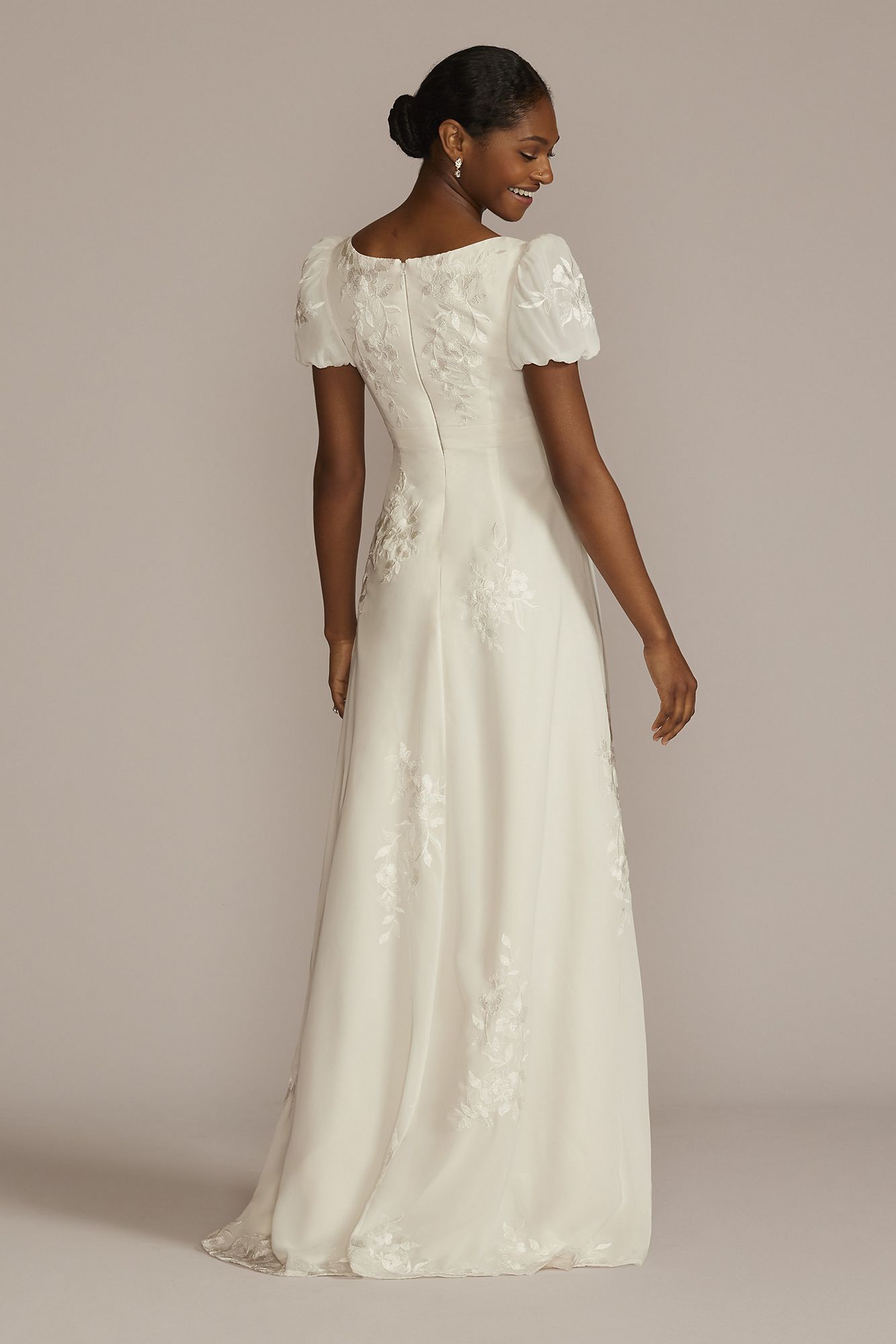 Floral Applique Puff Sleeve V-Neck Wedding Gown DB Studio WG4052