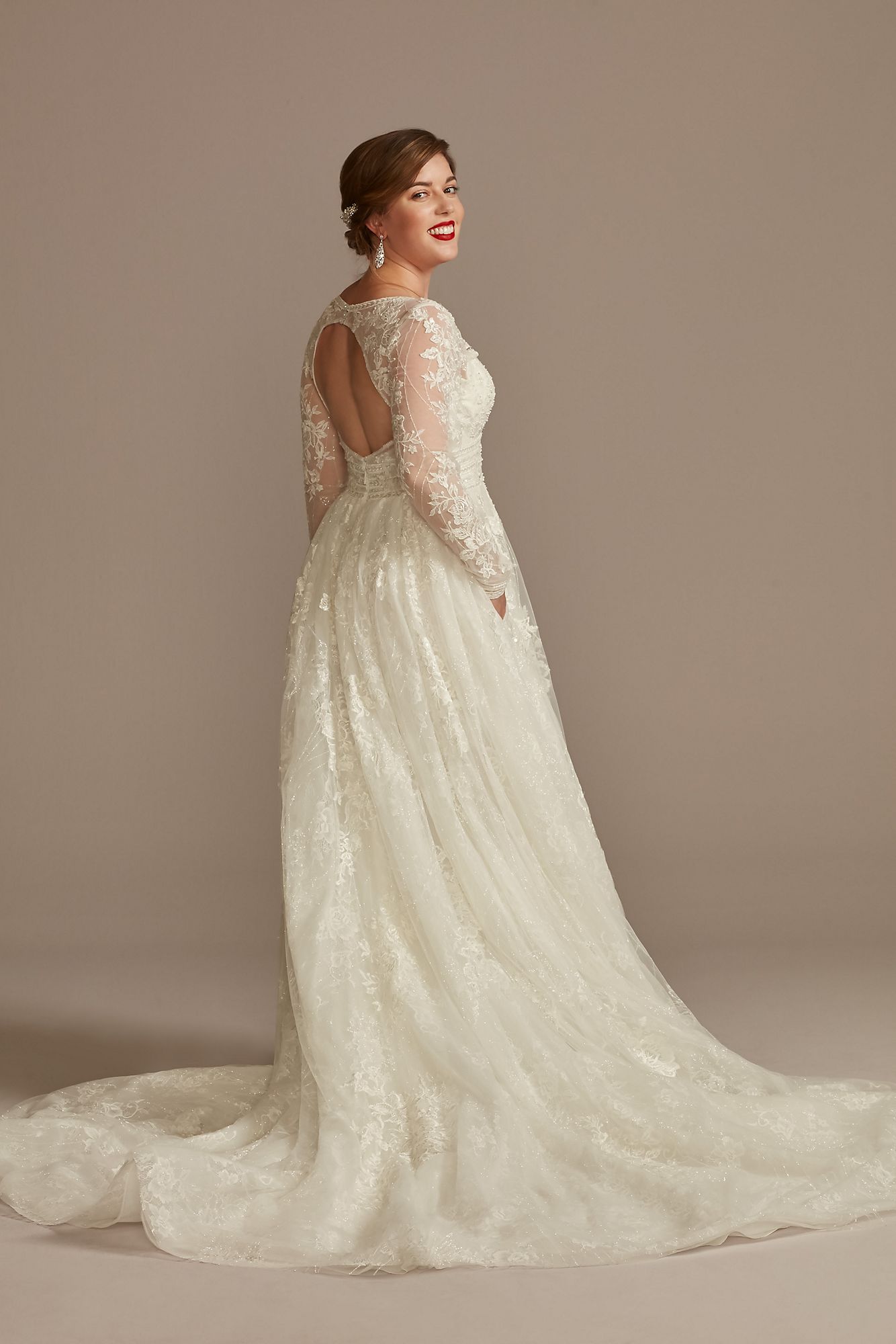 Lace Long Sleeve Keyhole Back Tall Wedding Dress Oleg Cassini 4XLCWG893