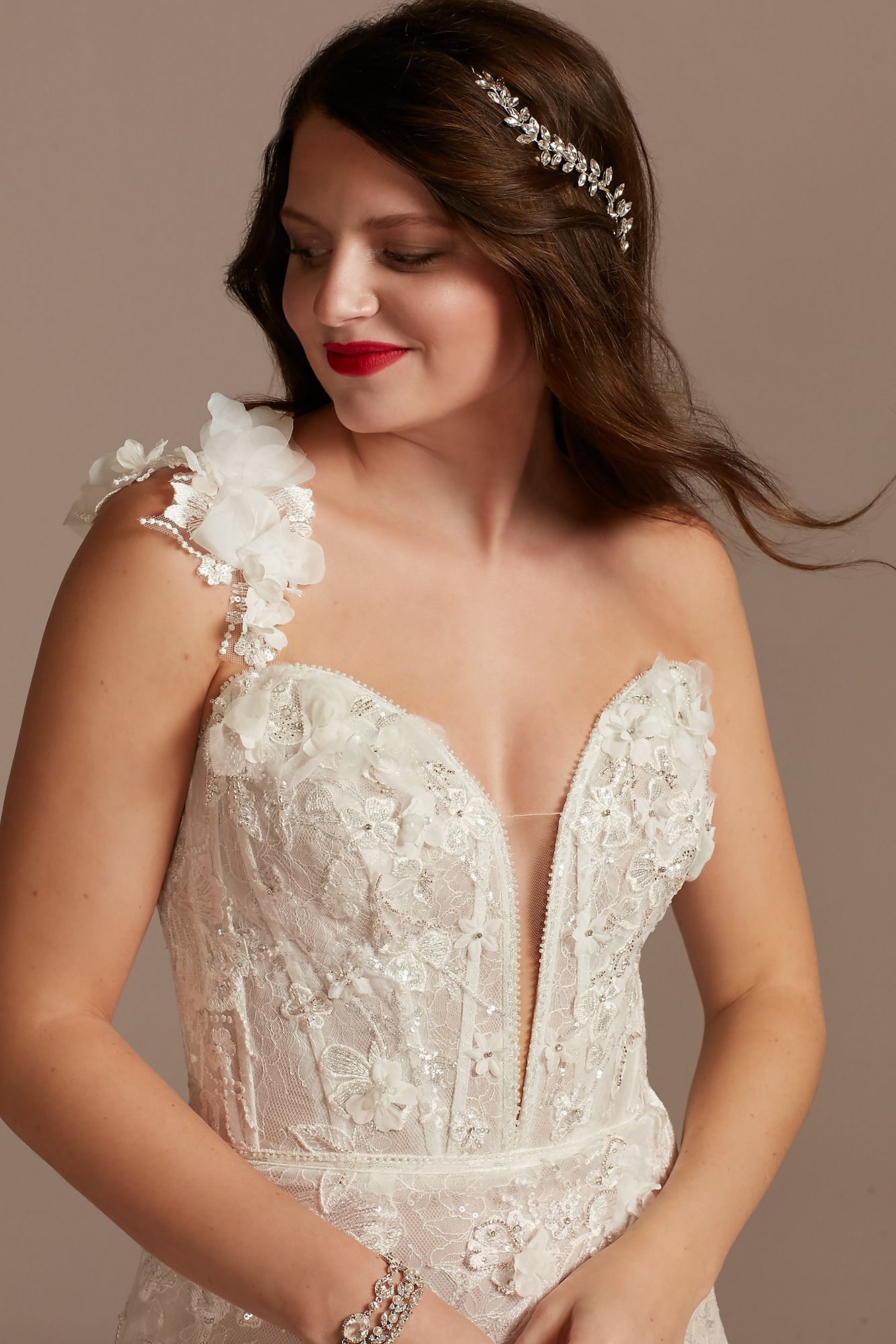 3D Floral Plunge Petite Bodysuit Wedding Dress Galina Signature 7MBSWG885