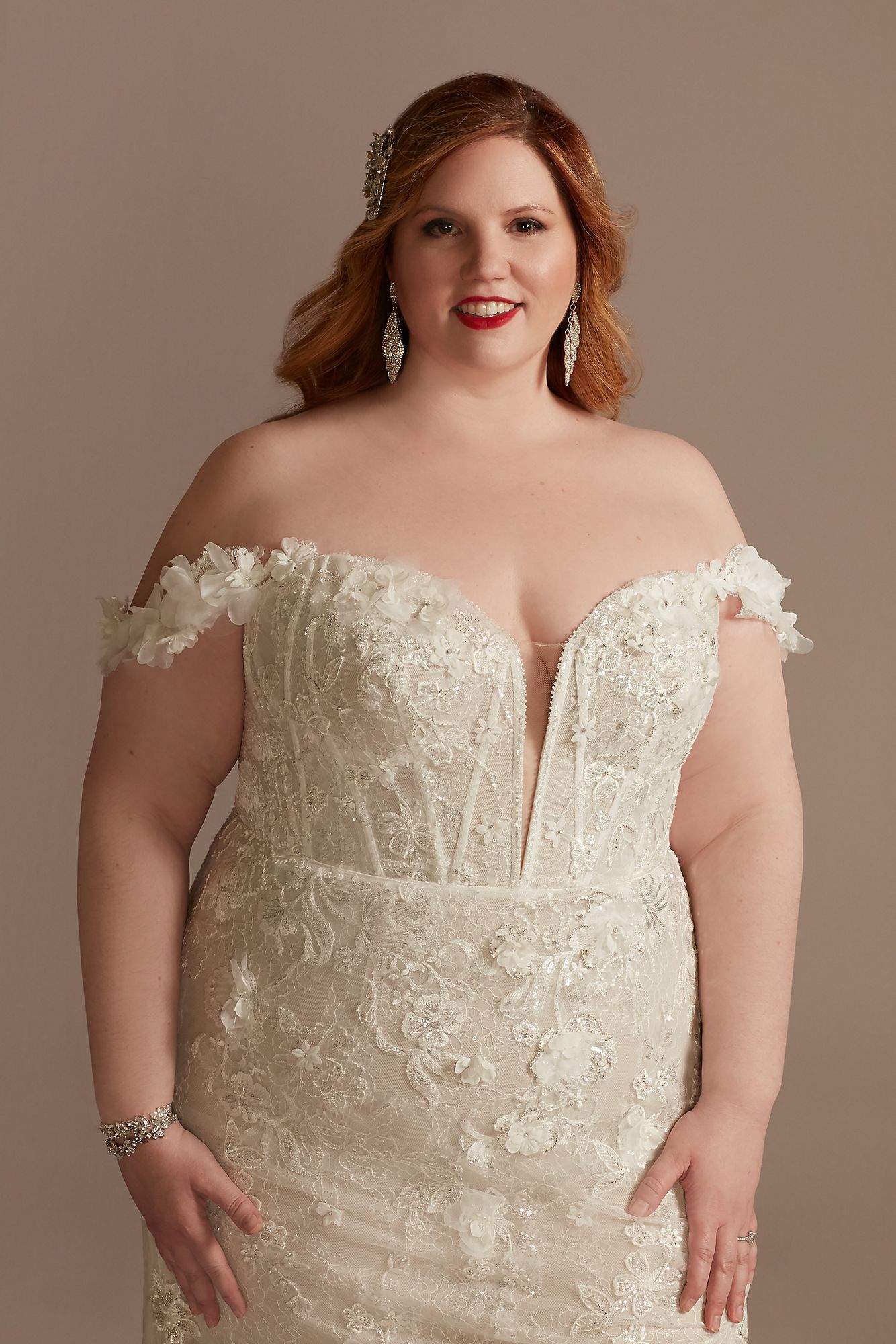 3D Floral Applique Plunge Plus Size Wedding Dress Galina Signature 9LSSWG885
