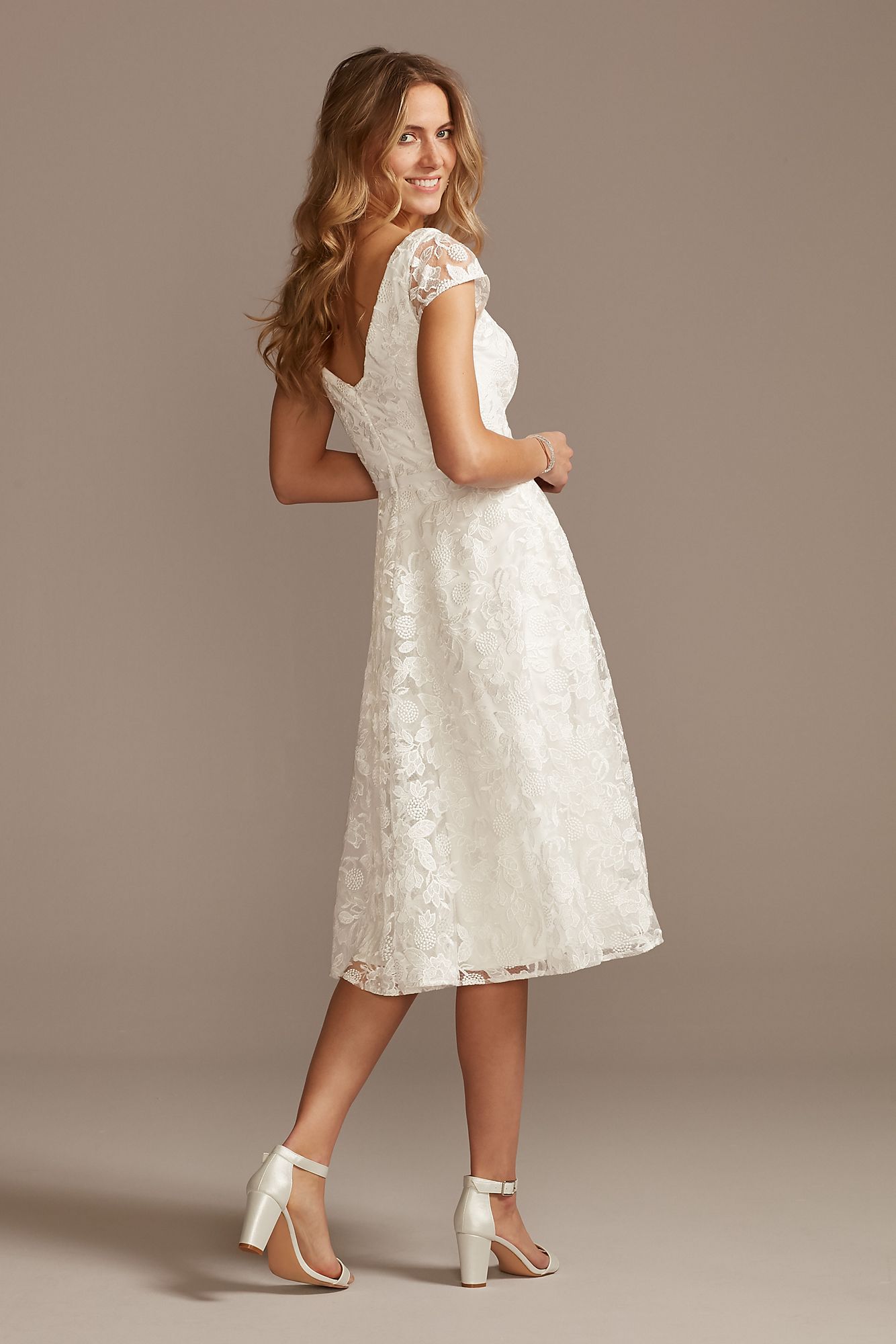V-Neck Embroidered Lace Cap Sleeve A-Line Dress DB Studio SDWG0804