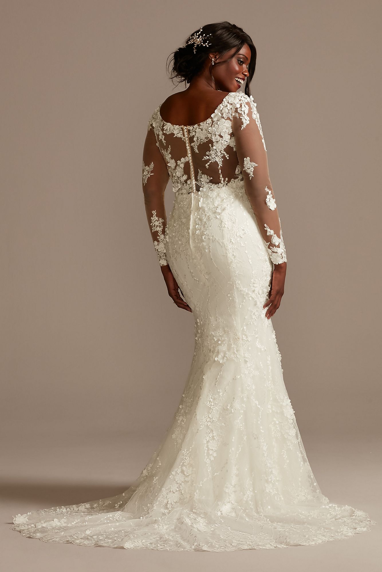 3D Floral Illusion Sleeve Plus Size Wedding Dress Oleg Cassini 8CWG894