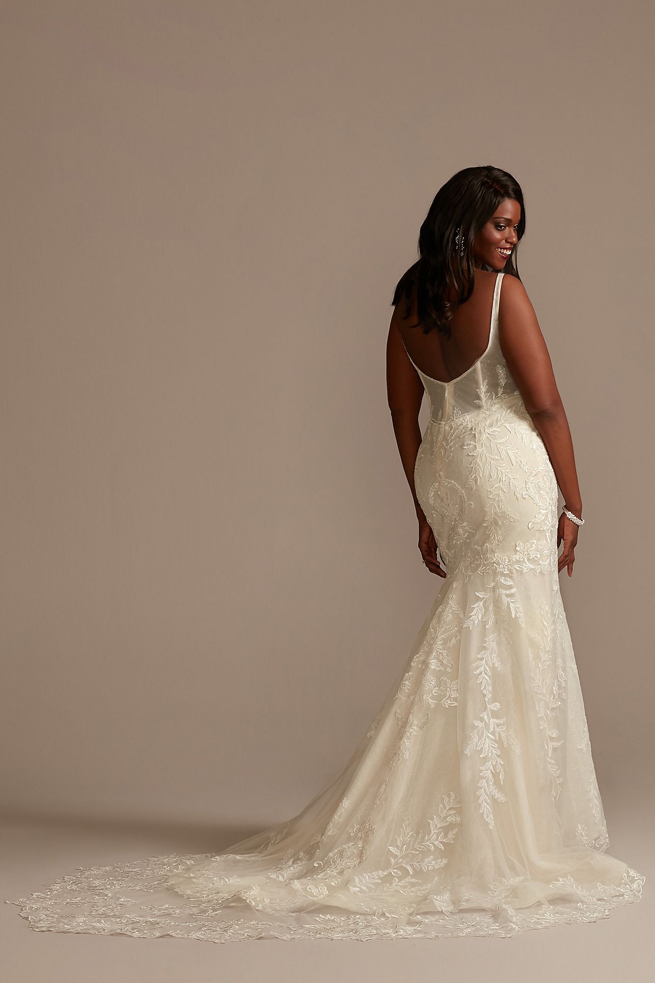 Lace Plus Size Wedding Dress with Cutout Train Oleg Cassini 8CWG895
