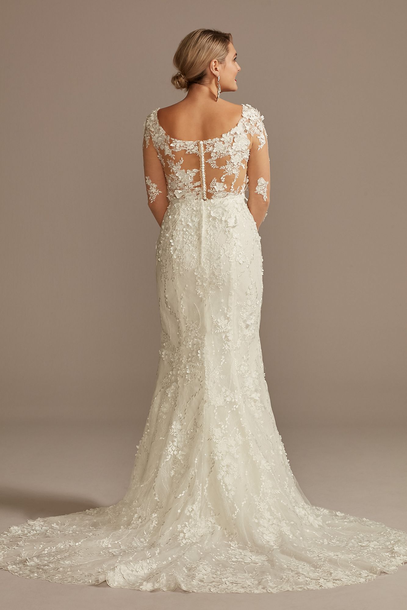 3D Floral Illusion Sleeve Plunge Wedding Dress Oleg Cassini CWG894