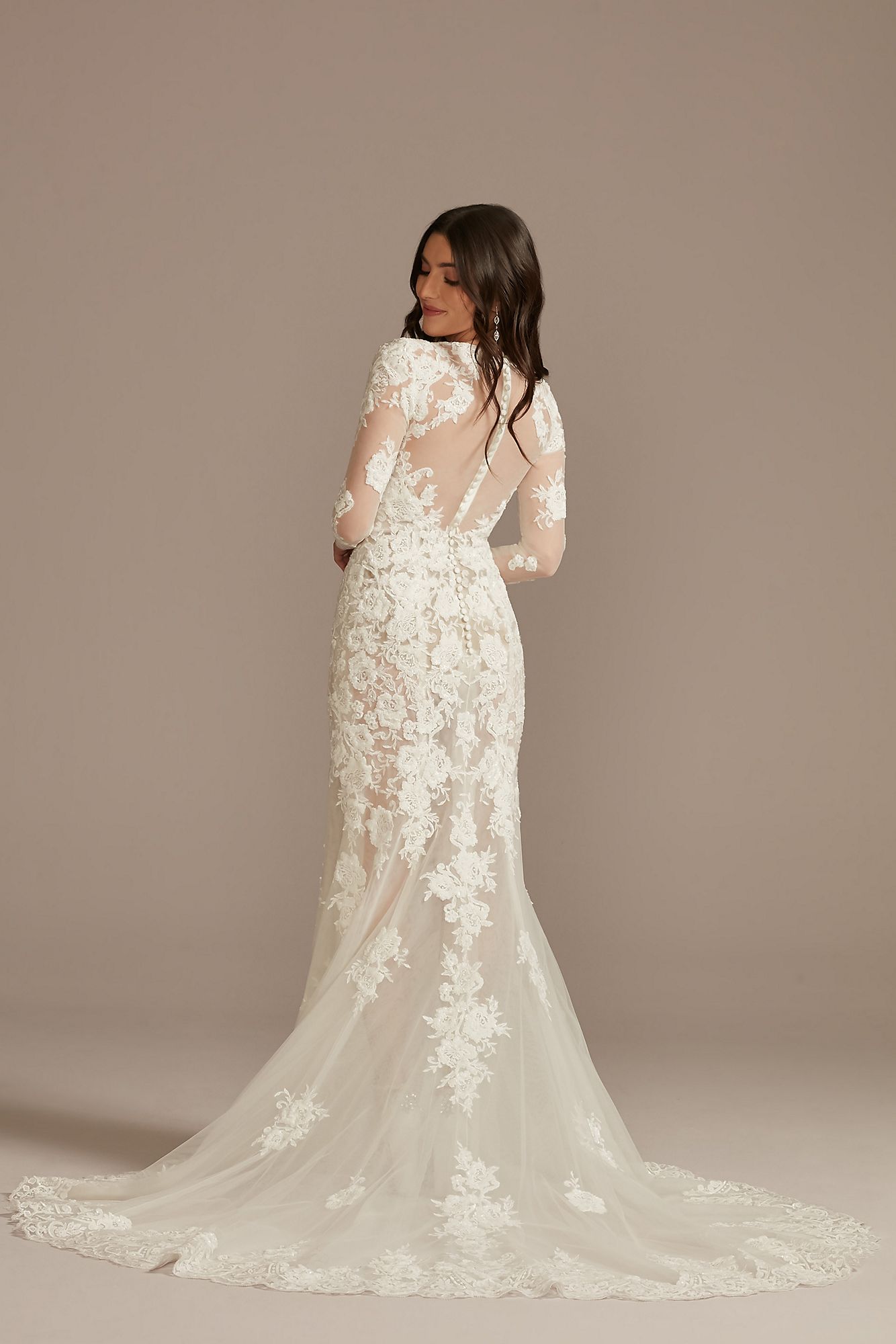 Long Sleeve Sequin Floral Bodysuit Wedding Dress Galina Signature SLMBSWG843