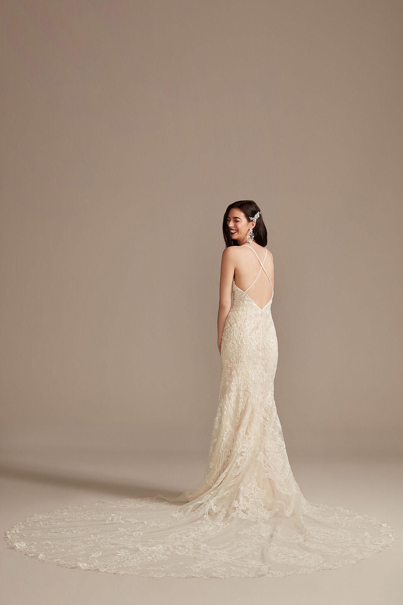Beaded Applique Tulle Tall Sheath Wedding Dress Oleg Cassini 4XLCWG904