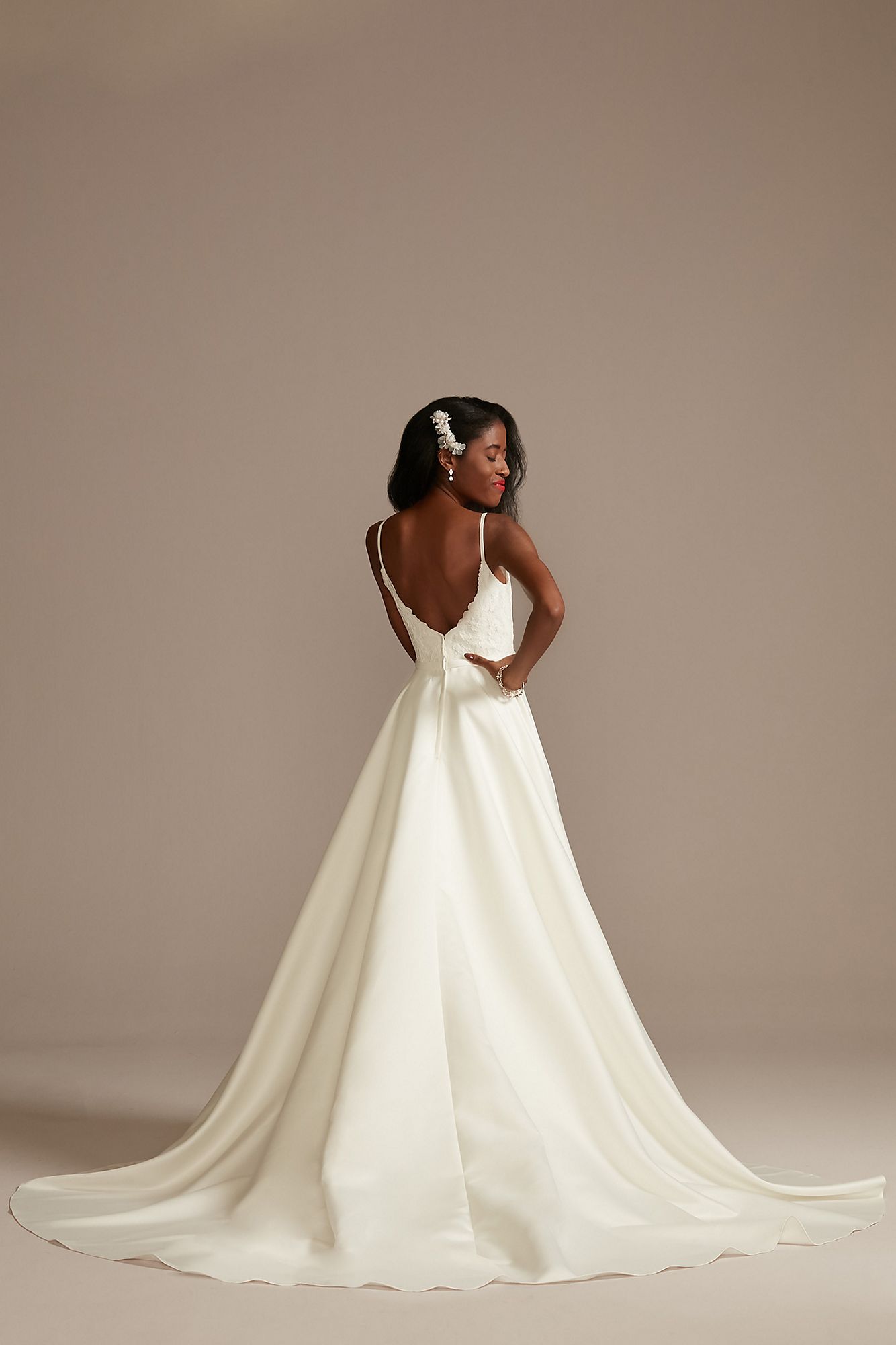 Scalloped Lace Satin Tall V-Neck Wedding Dress DB Studio 4XLWG4034