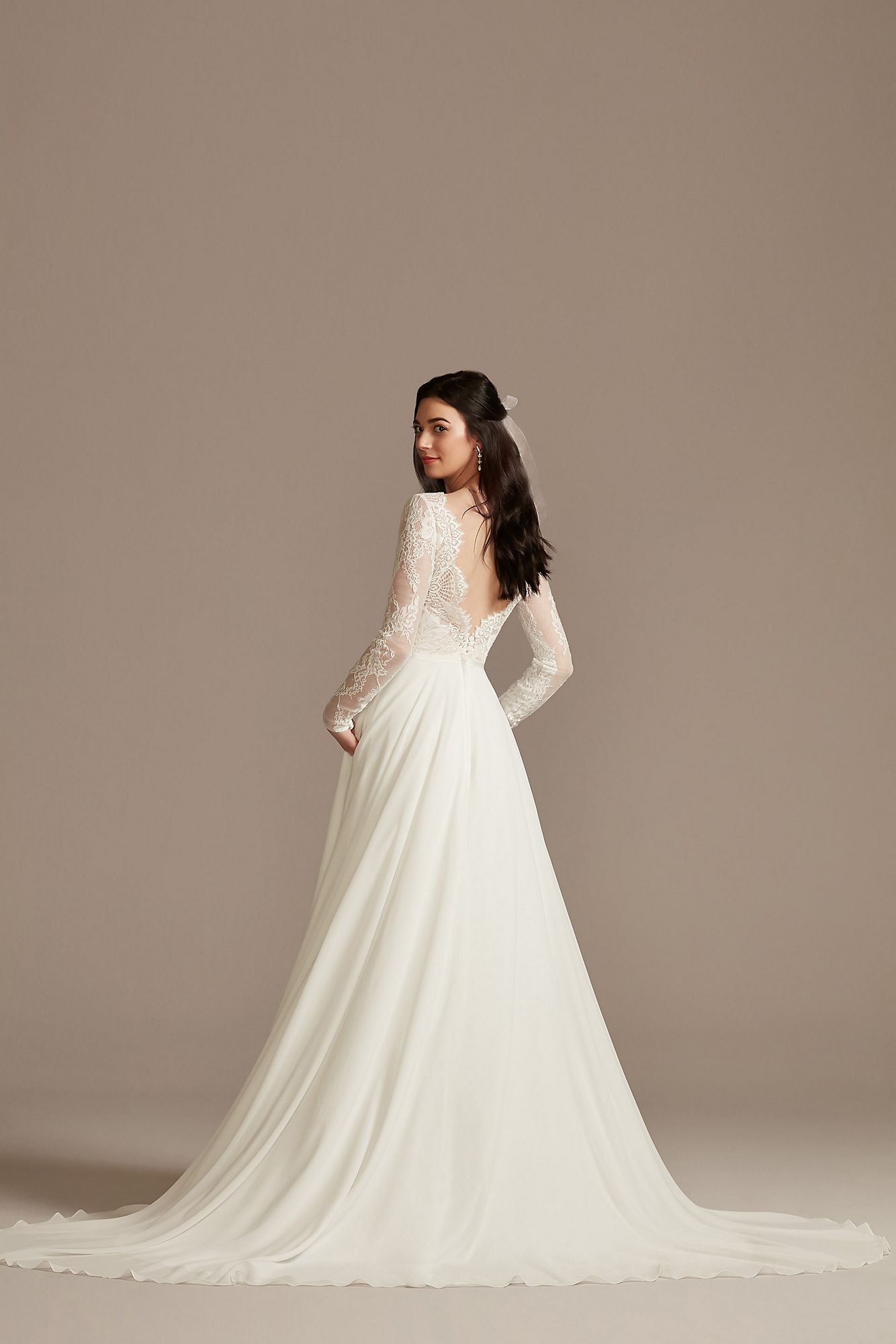 Long Sleeve Plunge Lace Chiffon Tall Wedding Dress DB Studio 4XLWG4035