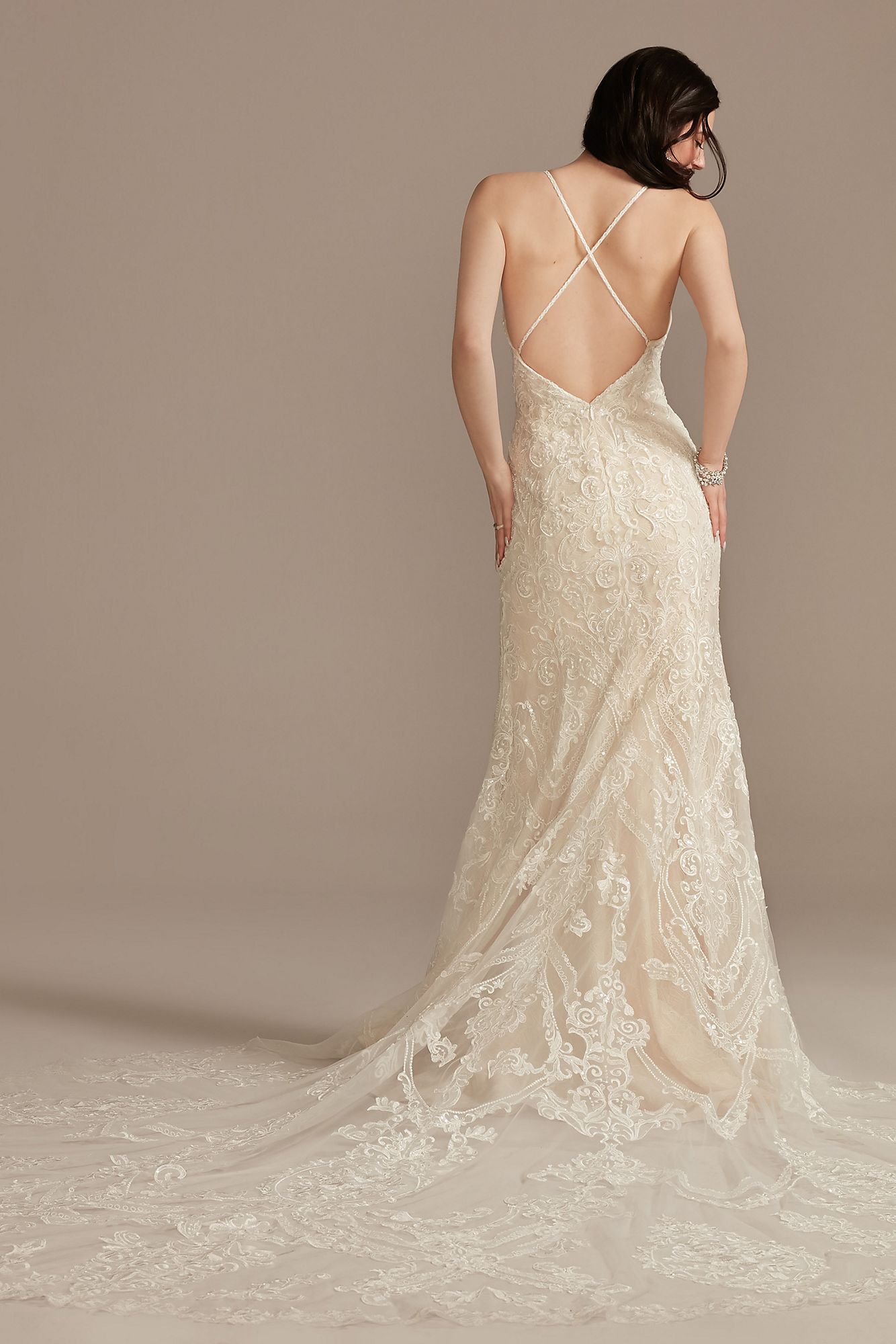 Beaded Applique Tulle Petite Sheath Wedding Dress Oleg Cassini 7CWG904