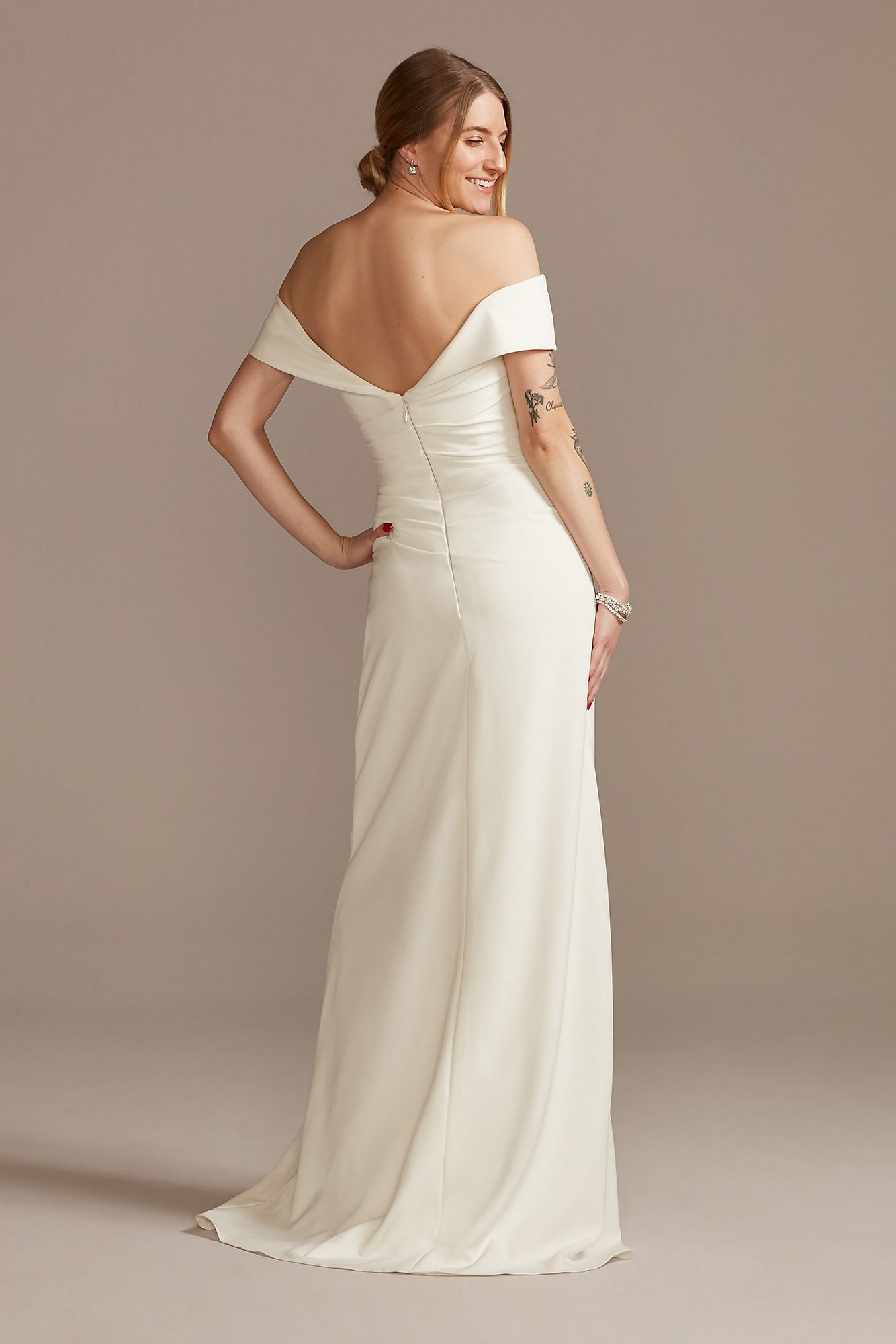 Petite Crepe Off-the-Shoulder Sheath Wedding Dress DB Studio 7WG4033