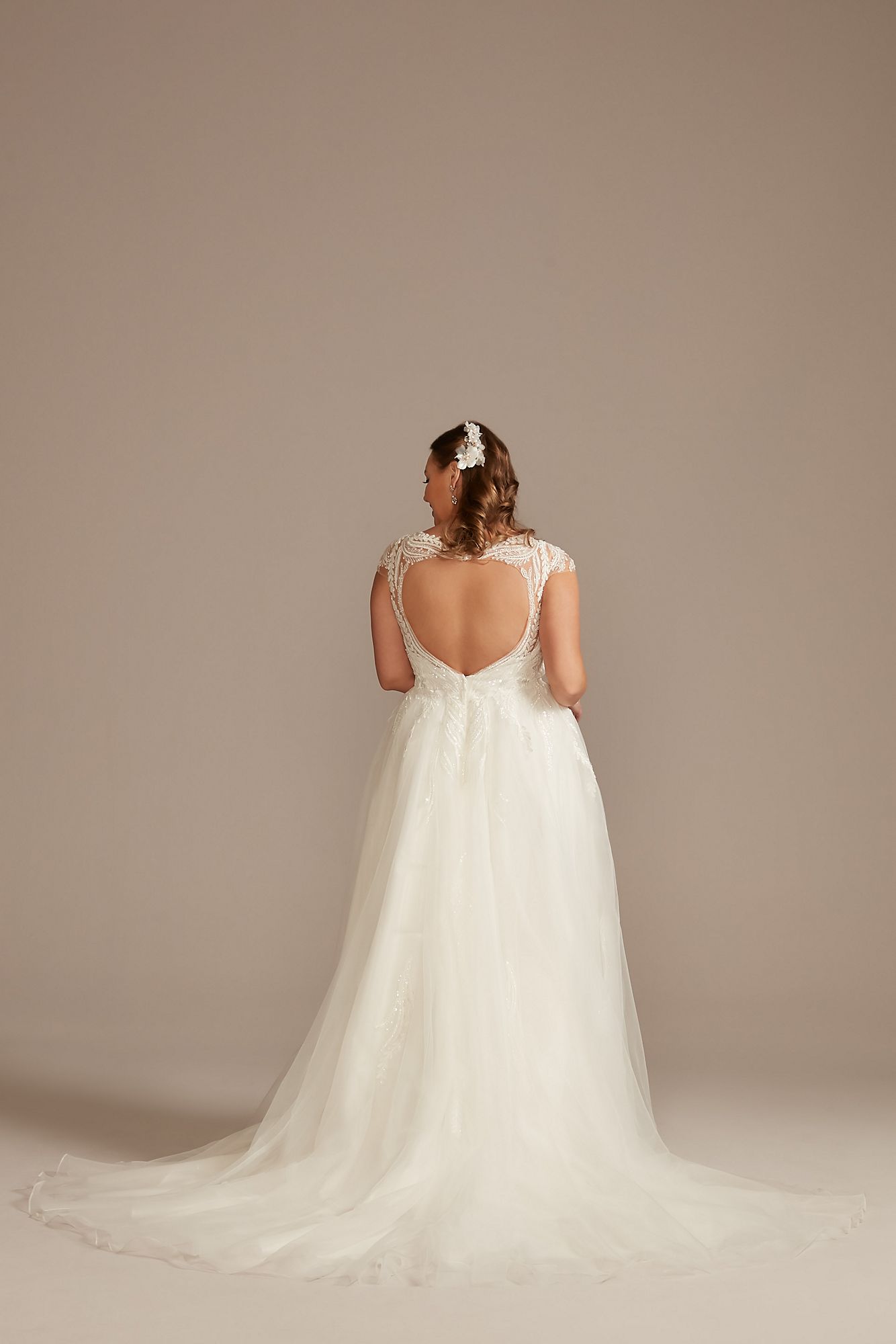 Plunging Cap Sleeve Plus Size Tulle Wedding Dress Oleg Cassini 8CWG901