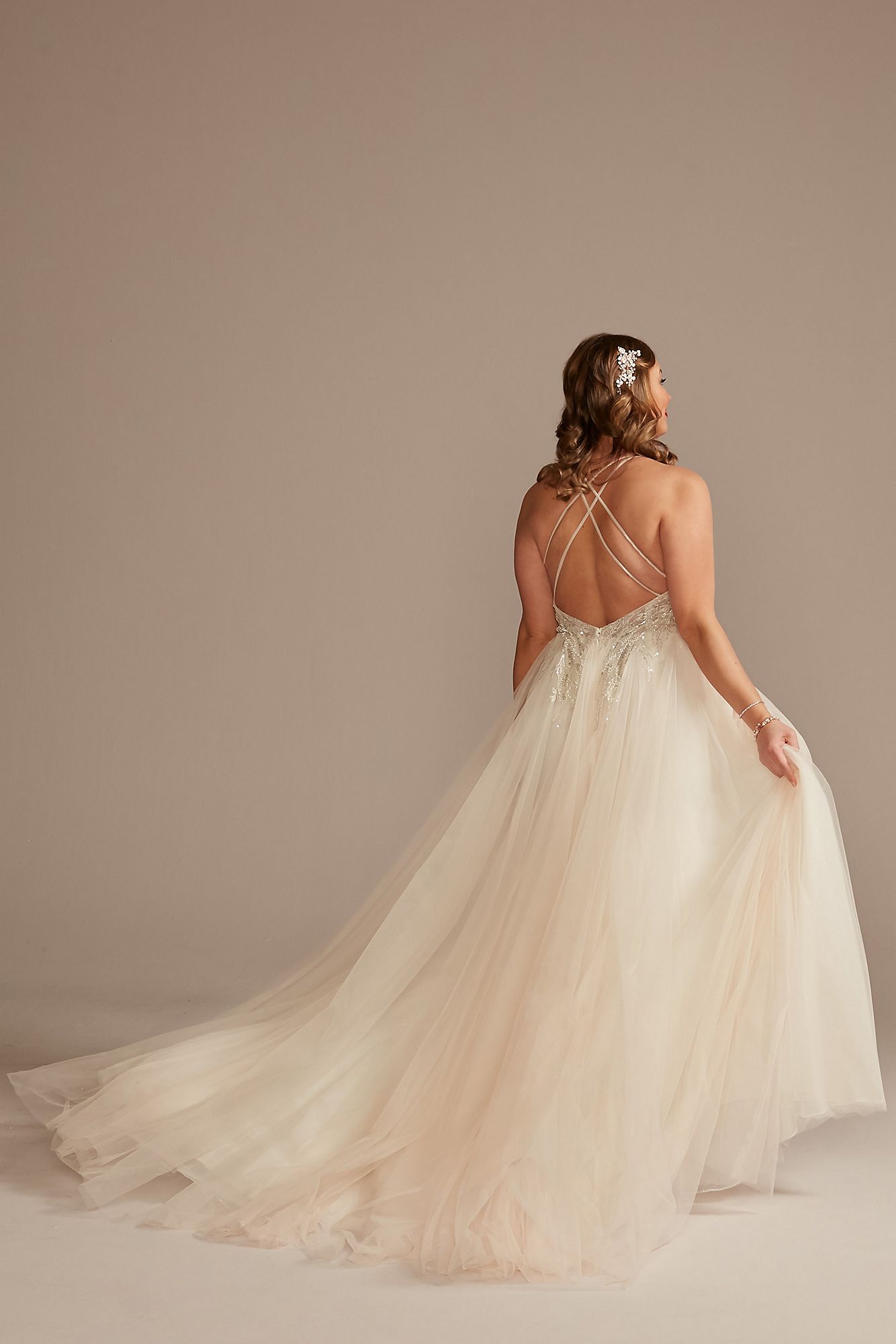 Beaded Applique Plunge Plus Size Wedding Dress Galina Signature 9SWG914