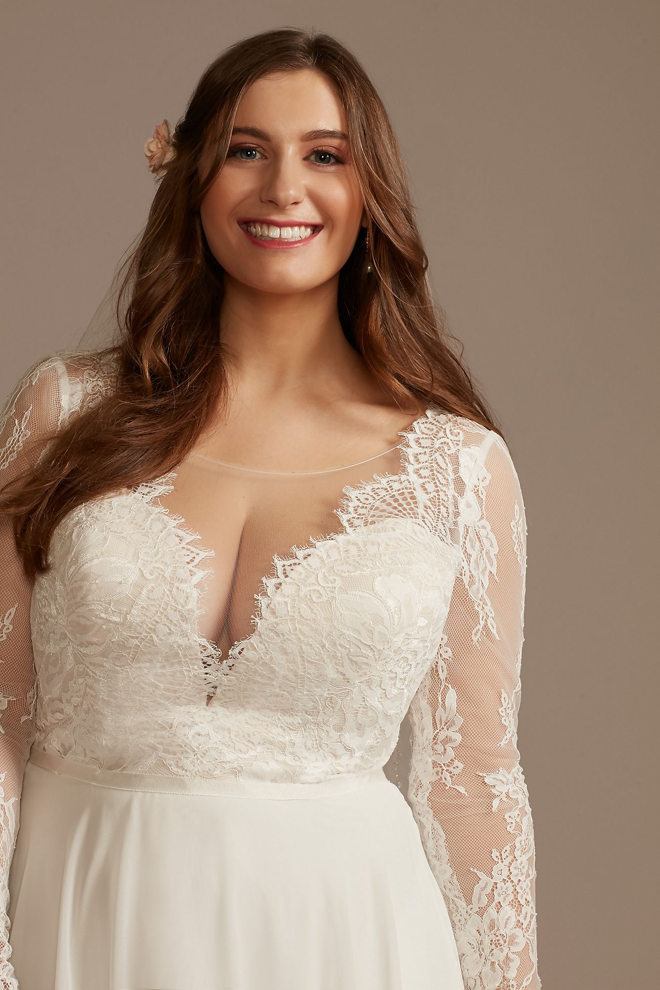 Long Sleeve Plunge Lace Plus Size Wedding Dress DB Studio 9WG4035