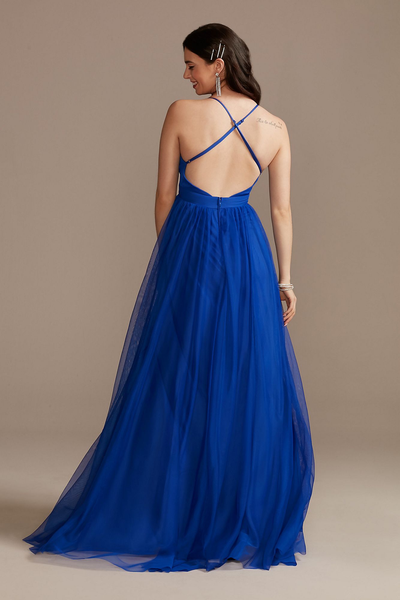 Tulle Dress with Plunge Neckline and Open Back Emerald Sundae ACE2229420