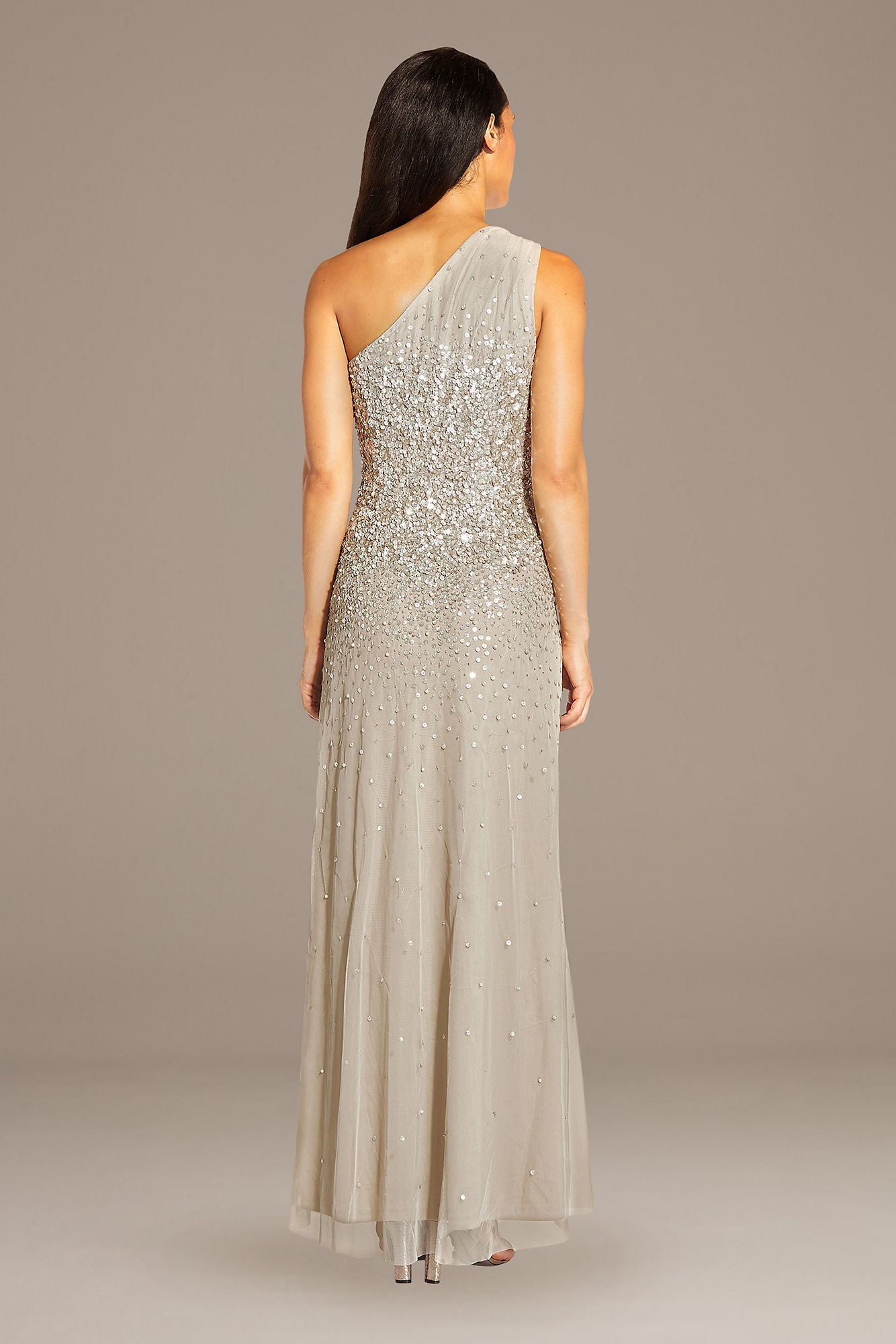 Mesh One-Shoulder Gown with Scattered Sequins Adrianna Papell AP1E208309
