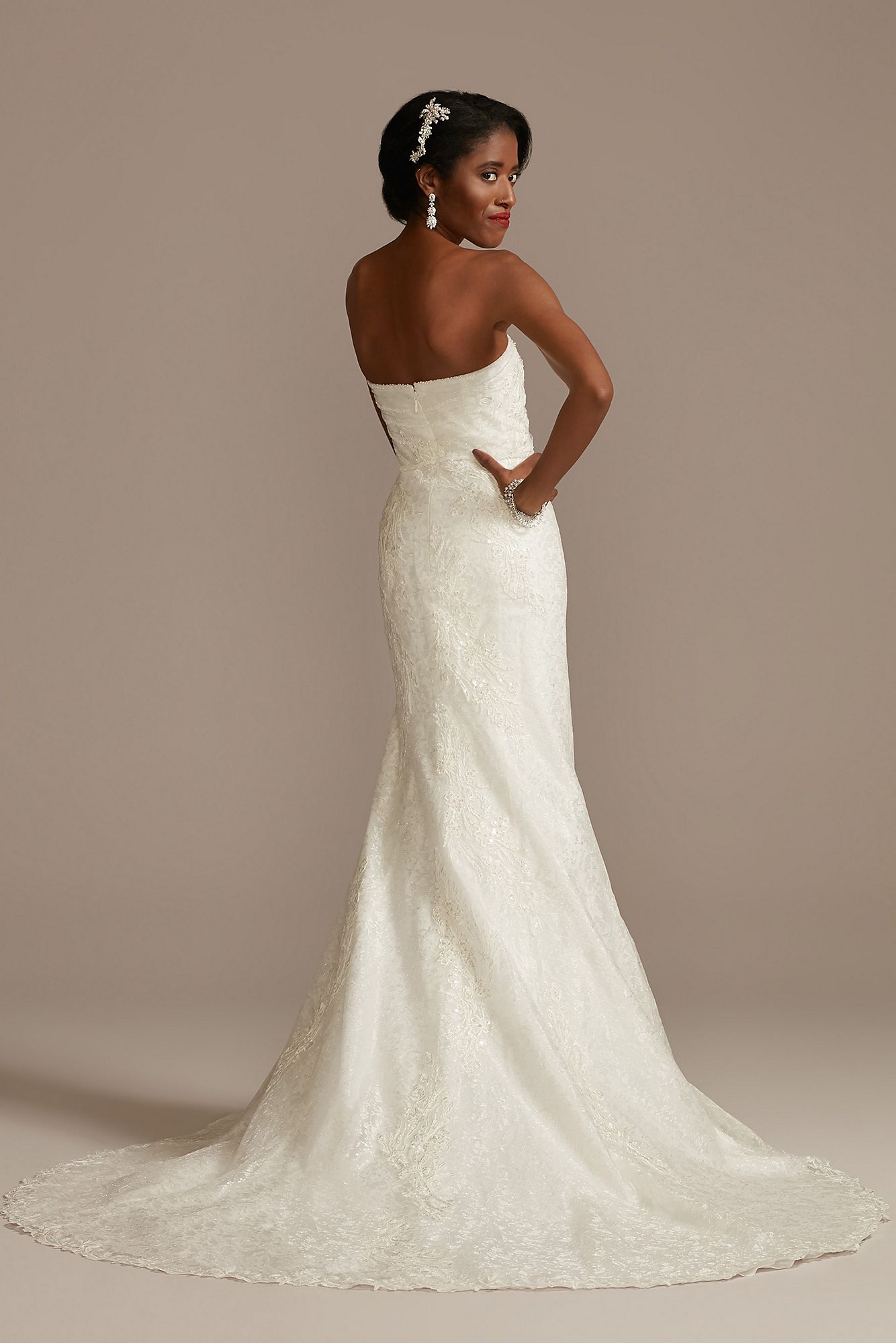 Shirred Bodice Floral Lace Strapless Wedding Dress Oleg Cassini CWG906