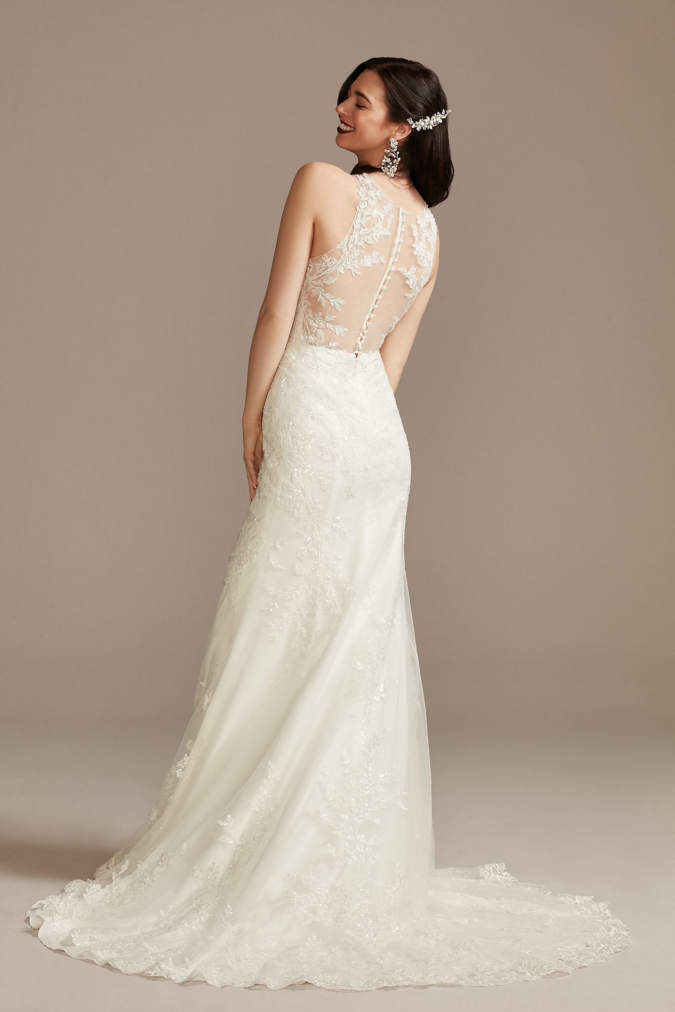 Buttoned Illusion Back Wedding Dress with Applique Oleg Cassini CWG909