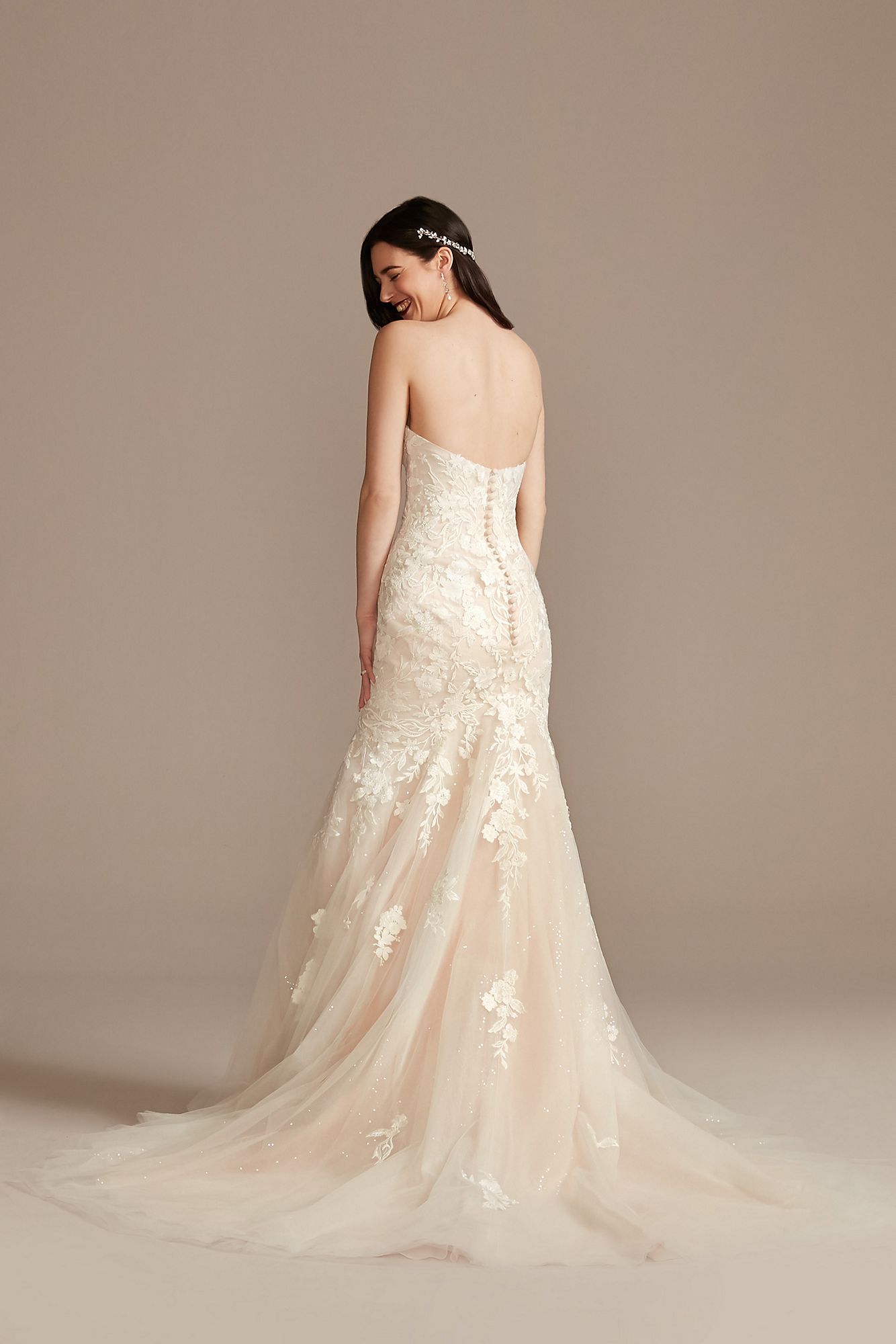 Lace Applique Mermaid Strapless Wedding Dress Oleg Cassini CWG912